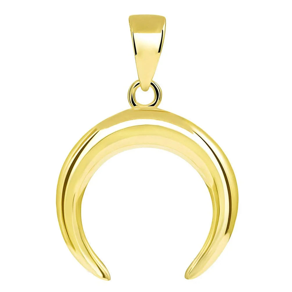 14k Gold Double Horn High Polished Crescent Moon Pendant with Cuban Chain Necklace - Yellow Gold