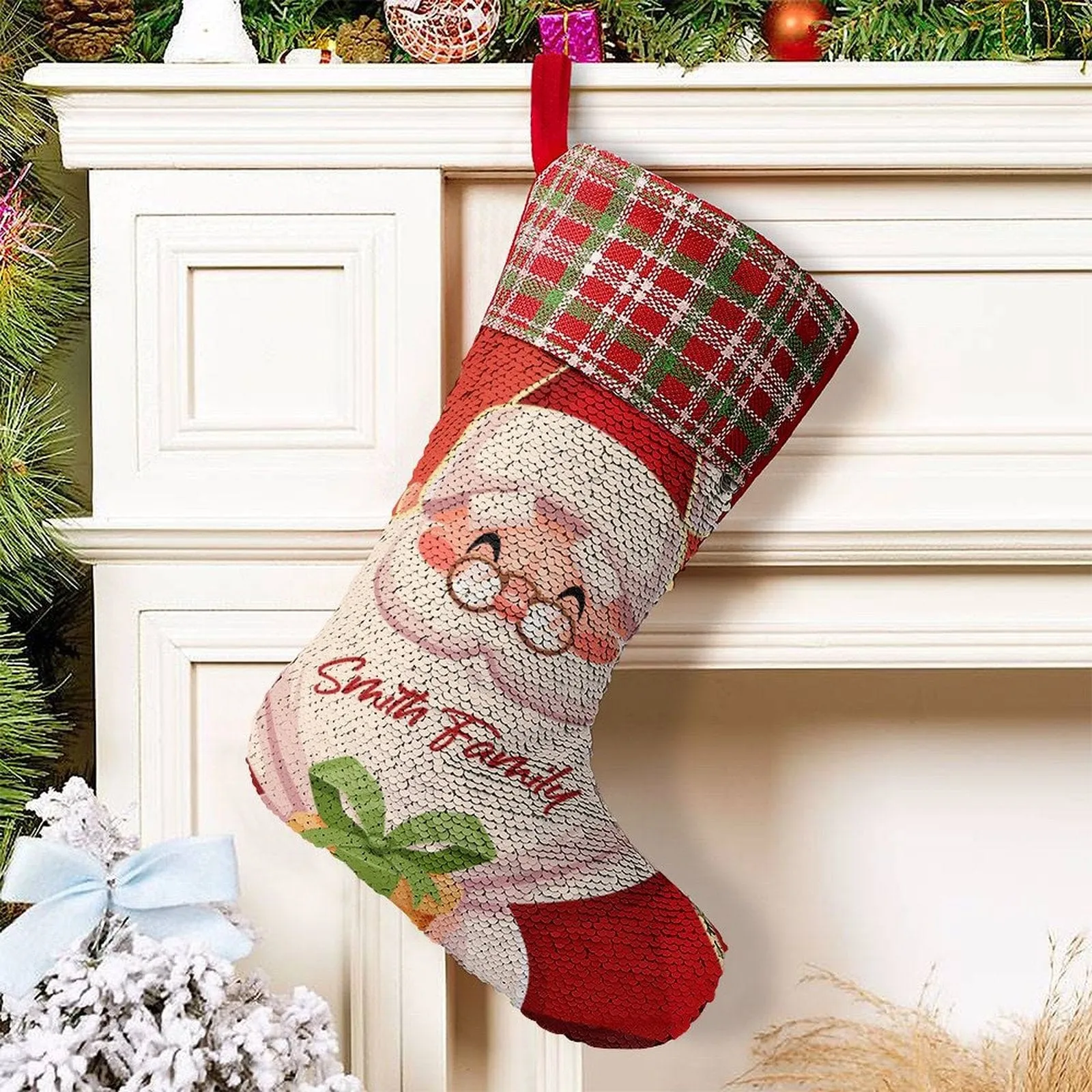 16.5in(L) Super Size-Custom Text Santa Claus Christmas Socks Flip Sequins Christmas Stocking