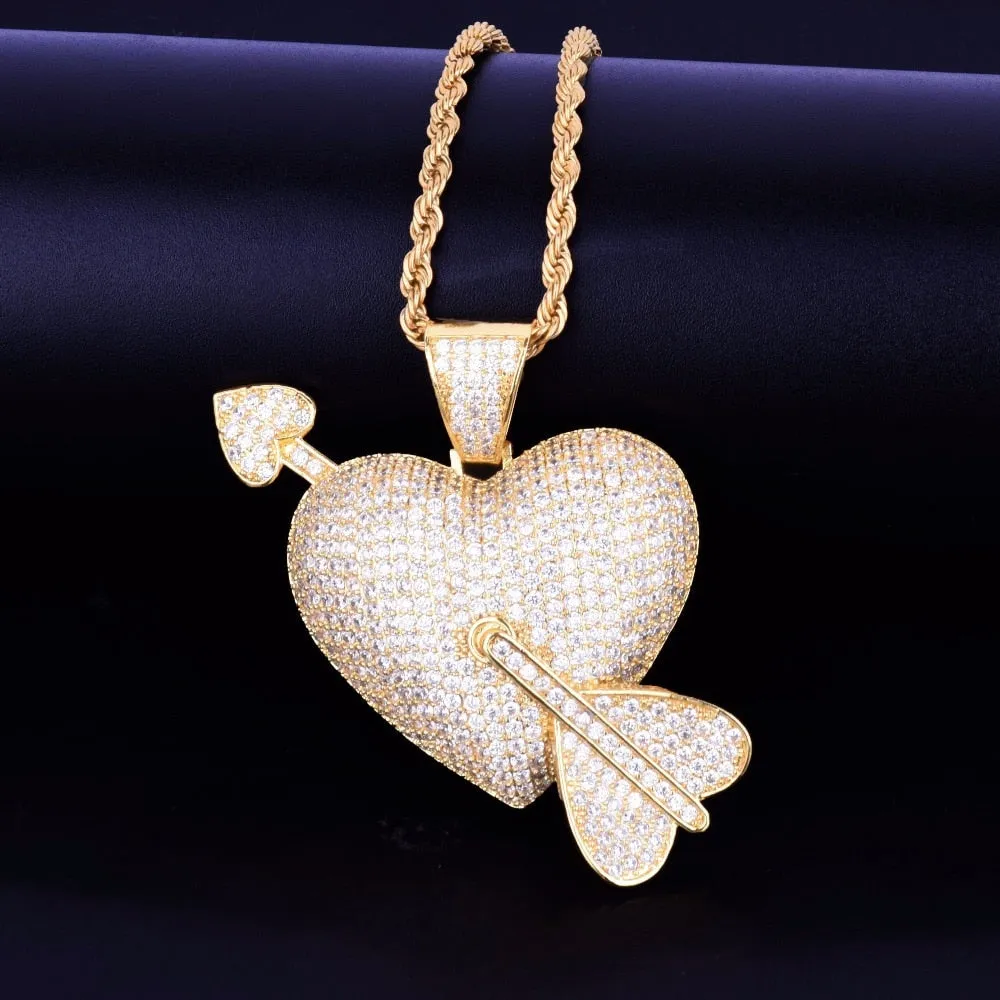 18K Gold Plated Crystal Arrow Heart Pendant Bling Hip Hop Jewelry