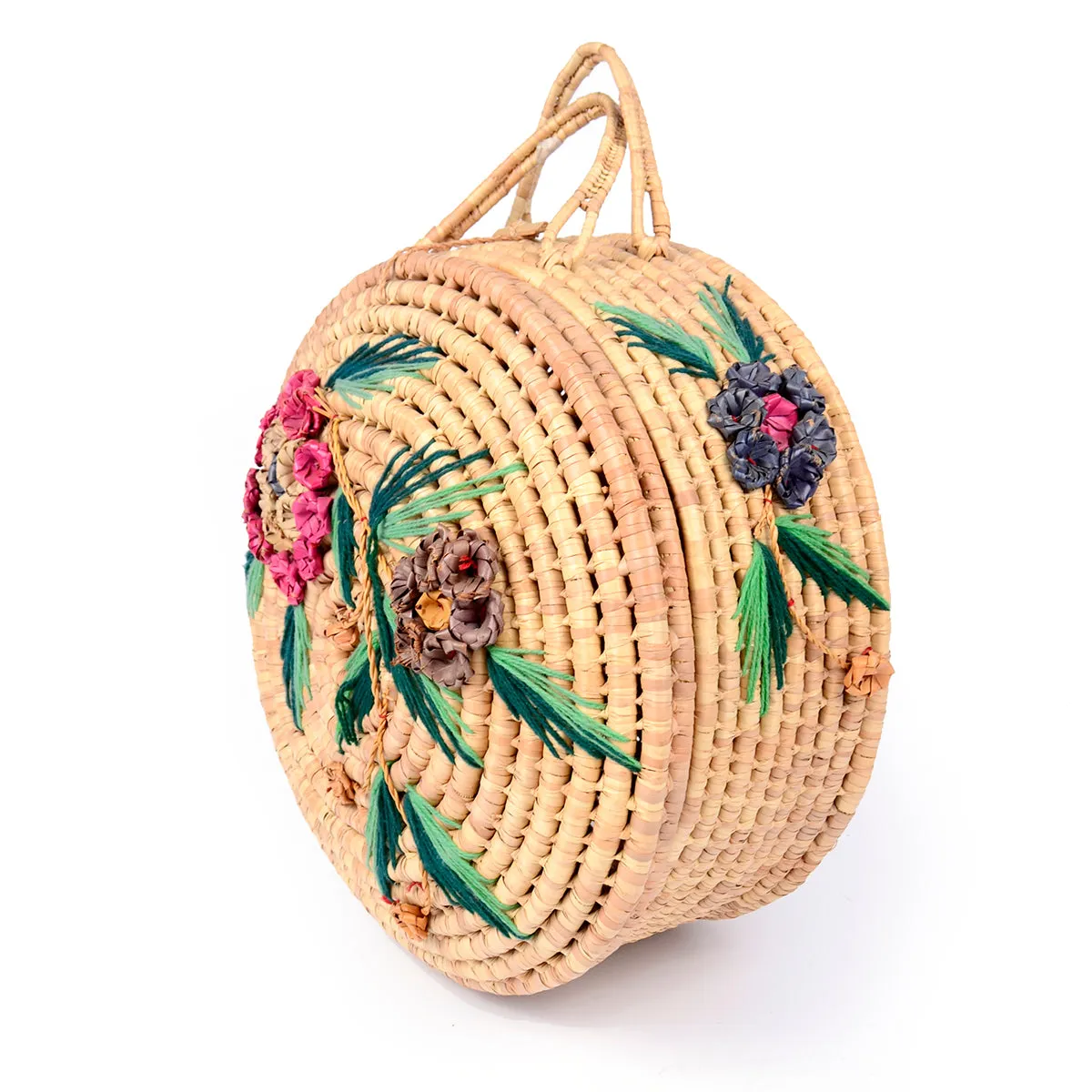 1960s Large Round Straw Handbag w/ Tropical Floral Embelishments