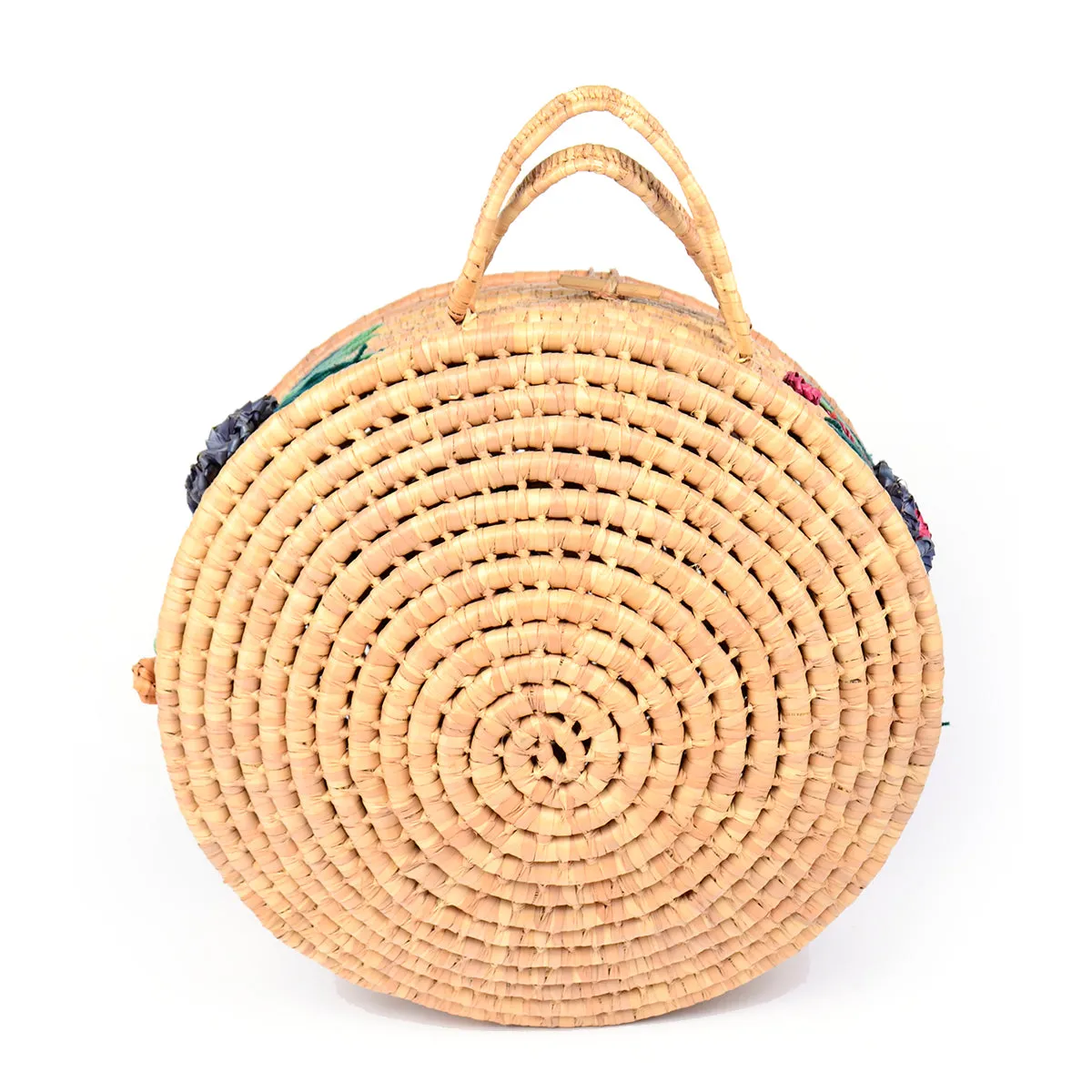 1960s Large Round Straw Handbag w/ Tropical Floral Embelishments