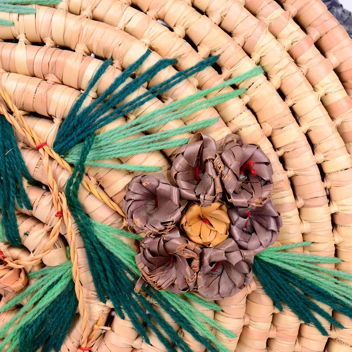 1960s Large Round Straw Handbag w/ Tropical Floral Embelishments