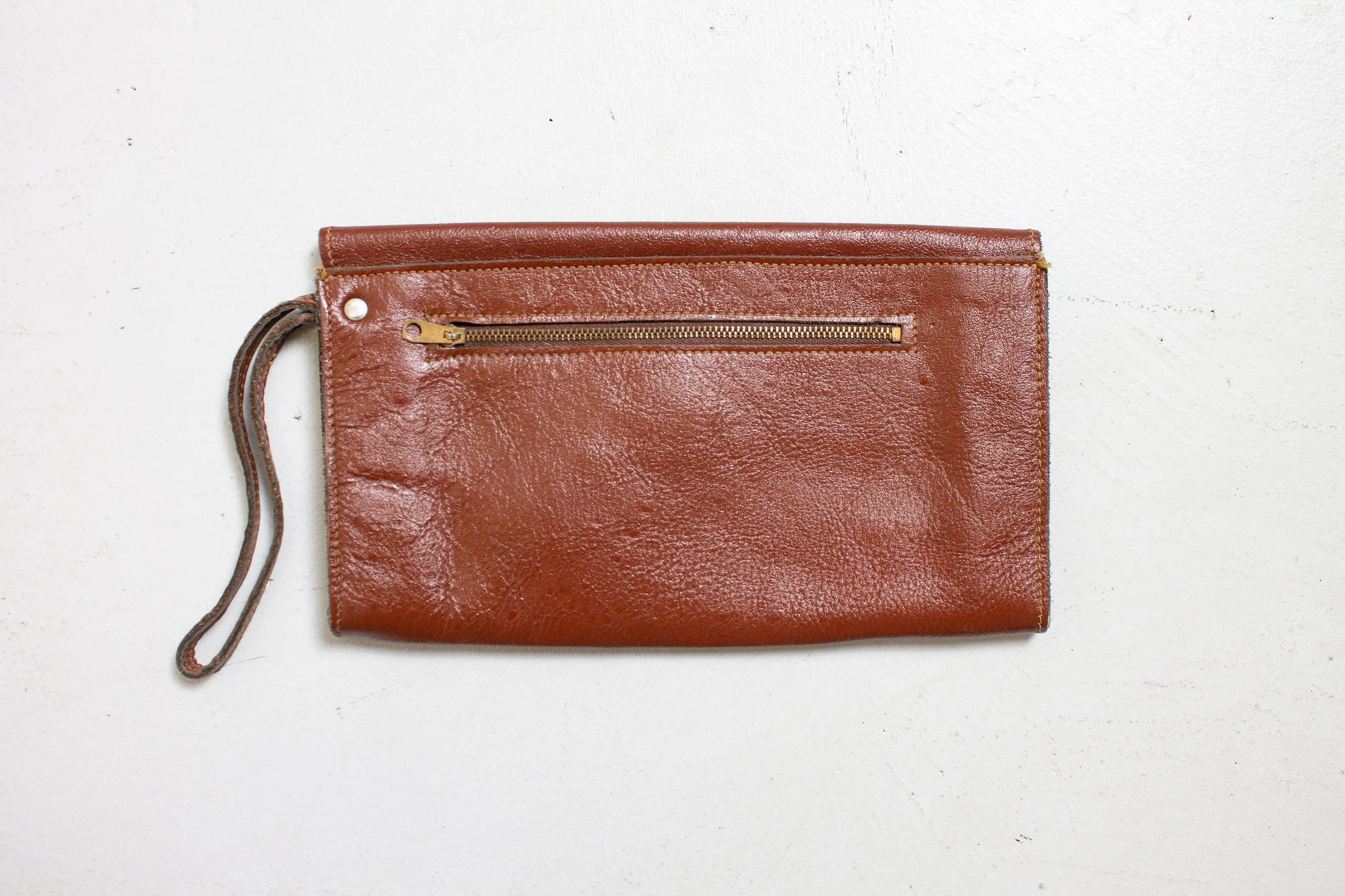 1970s Wristlet Clutch Purse Brown Leather Boho Bag