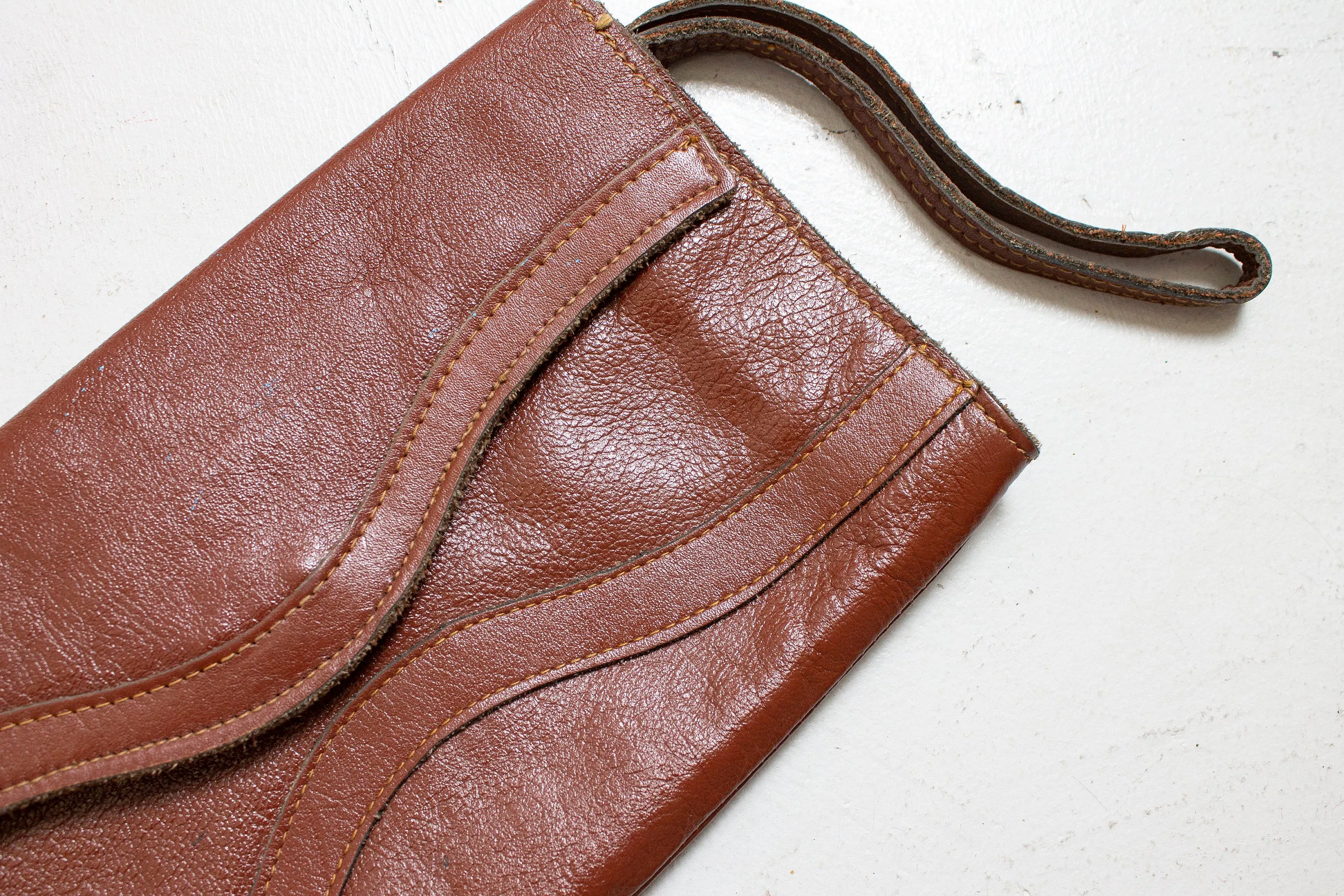 1970s Wristlet Clutch Purse Brown Leather Boho Bag