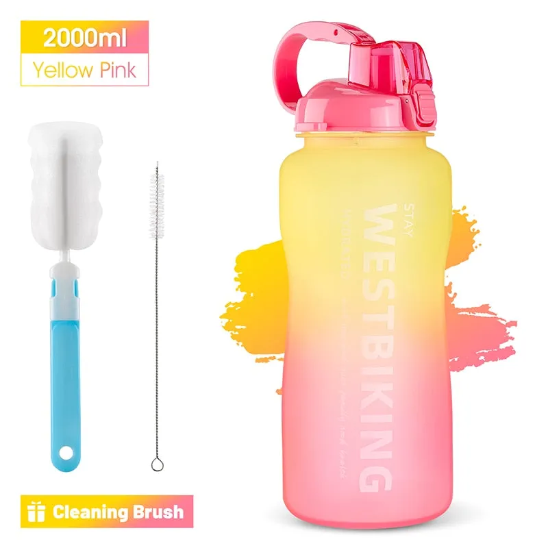 2L Fitness Water Bottle Gradient Color Cycling Running Sport Large Capacity Portable Bottle With Cleaning Cup Brush