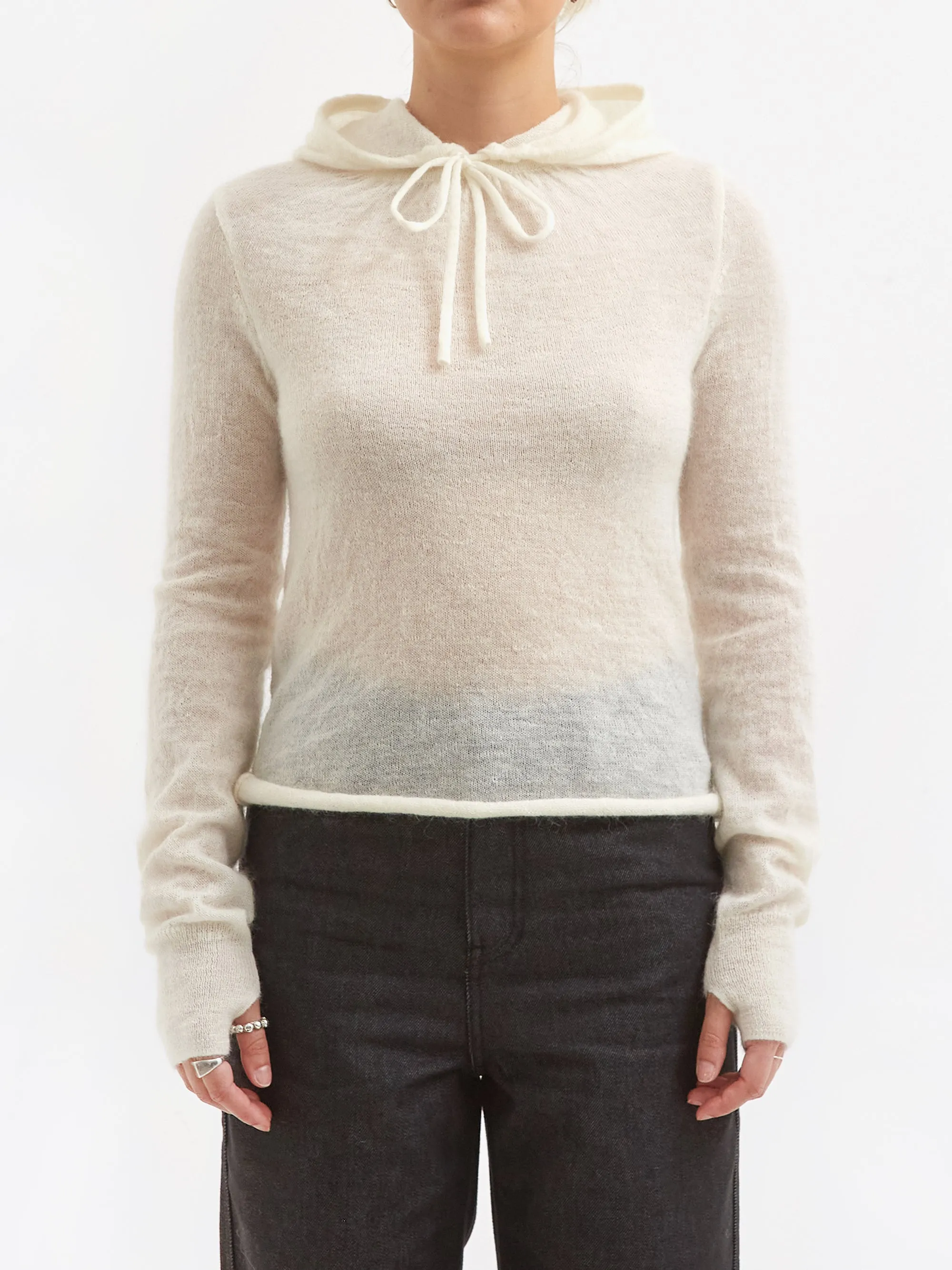 AMOMENTO Sheer Drawstring Knit Hoodie - Ivory