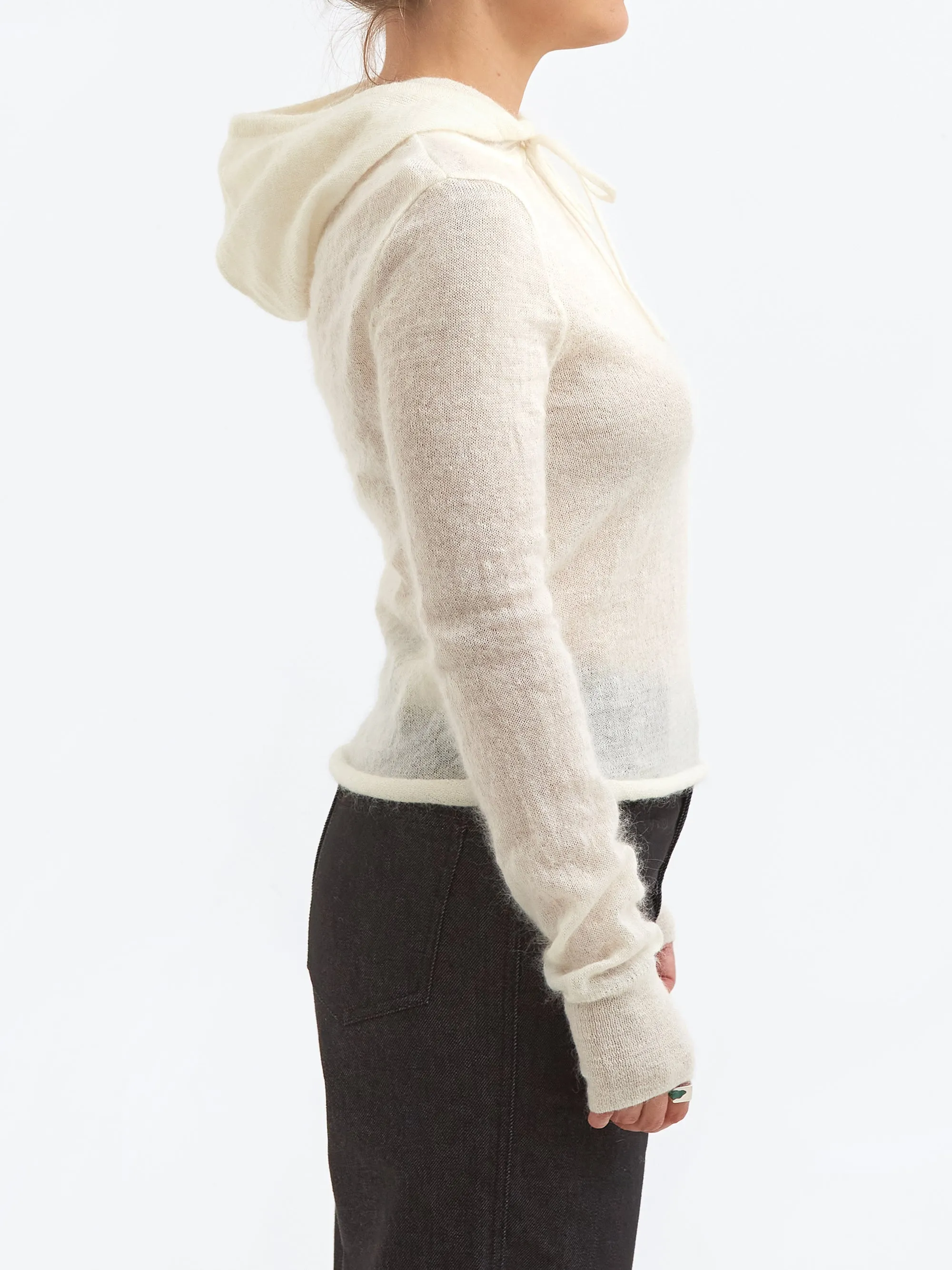 AMOMENTO Sheer Drawstring Knit Hoodie - Ivory