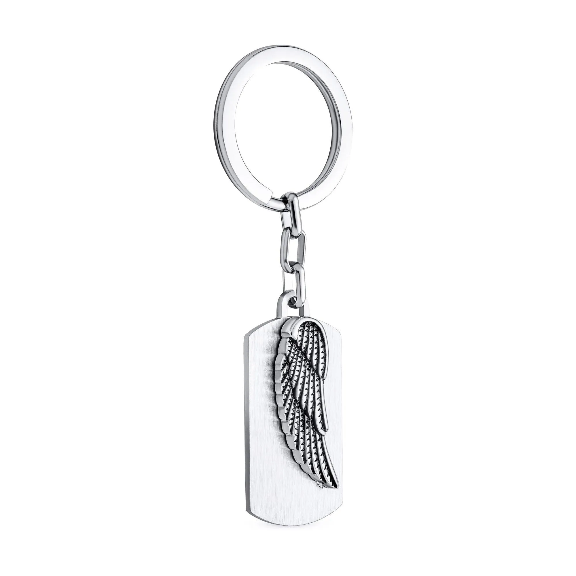 Angel Wing Feather Dog Tag Keychain Key Ring Holder Stainless Steel