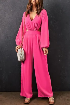 Balloon Sleeve Cutout Plunge Jumpsuit, Hot Pink