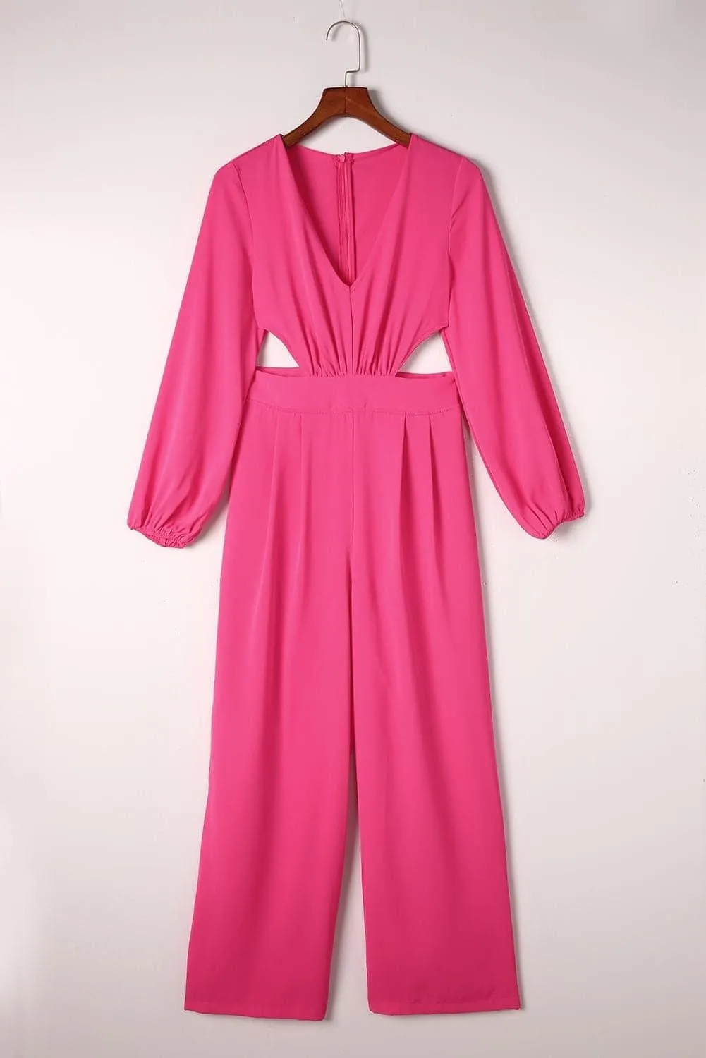 Balloon Sleeve Cutout Plunge Jumpsuit, Hot Pink