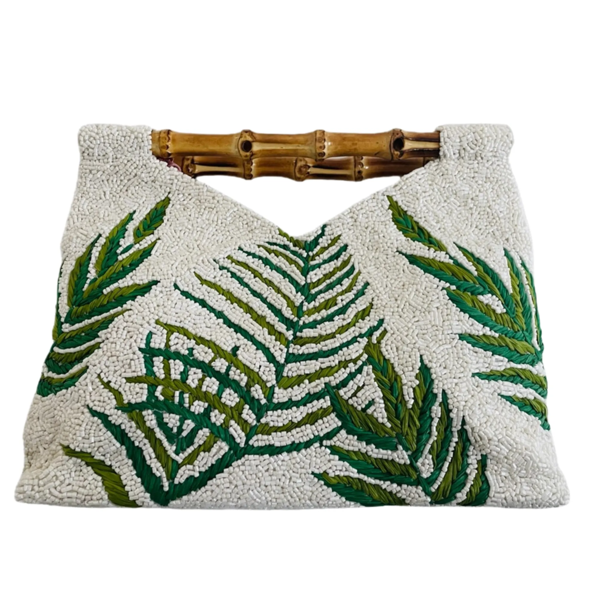 Beaded Tropical Leaf Motif Clutch Purse With Bamboo Handle