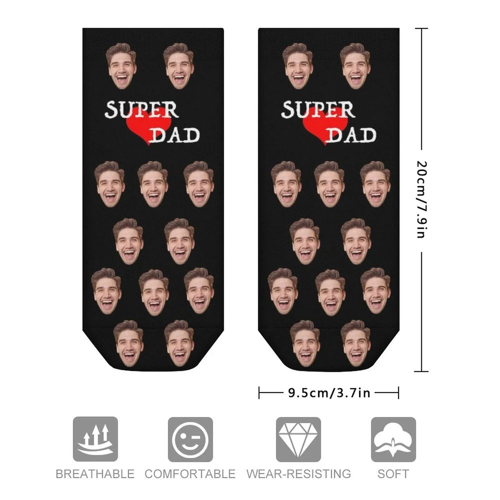 #Father's Gift-Personalized Dad Socks Custom Face Super Dad Heart Black Background Ankle Socks For Australian Father's Day