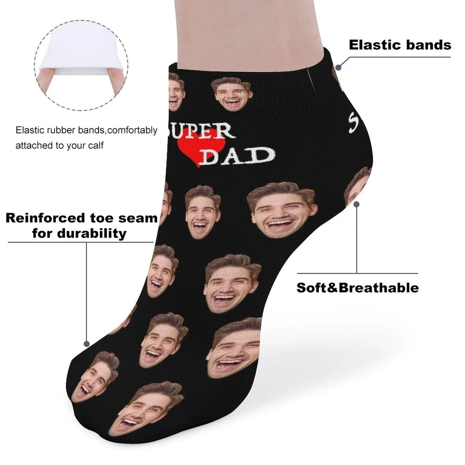 #Father's Gift-Personalized Dad Socks Custom Face Super Dad Heart Black Background Ankle Socks For Australian Father's Day