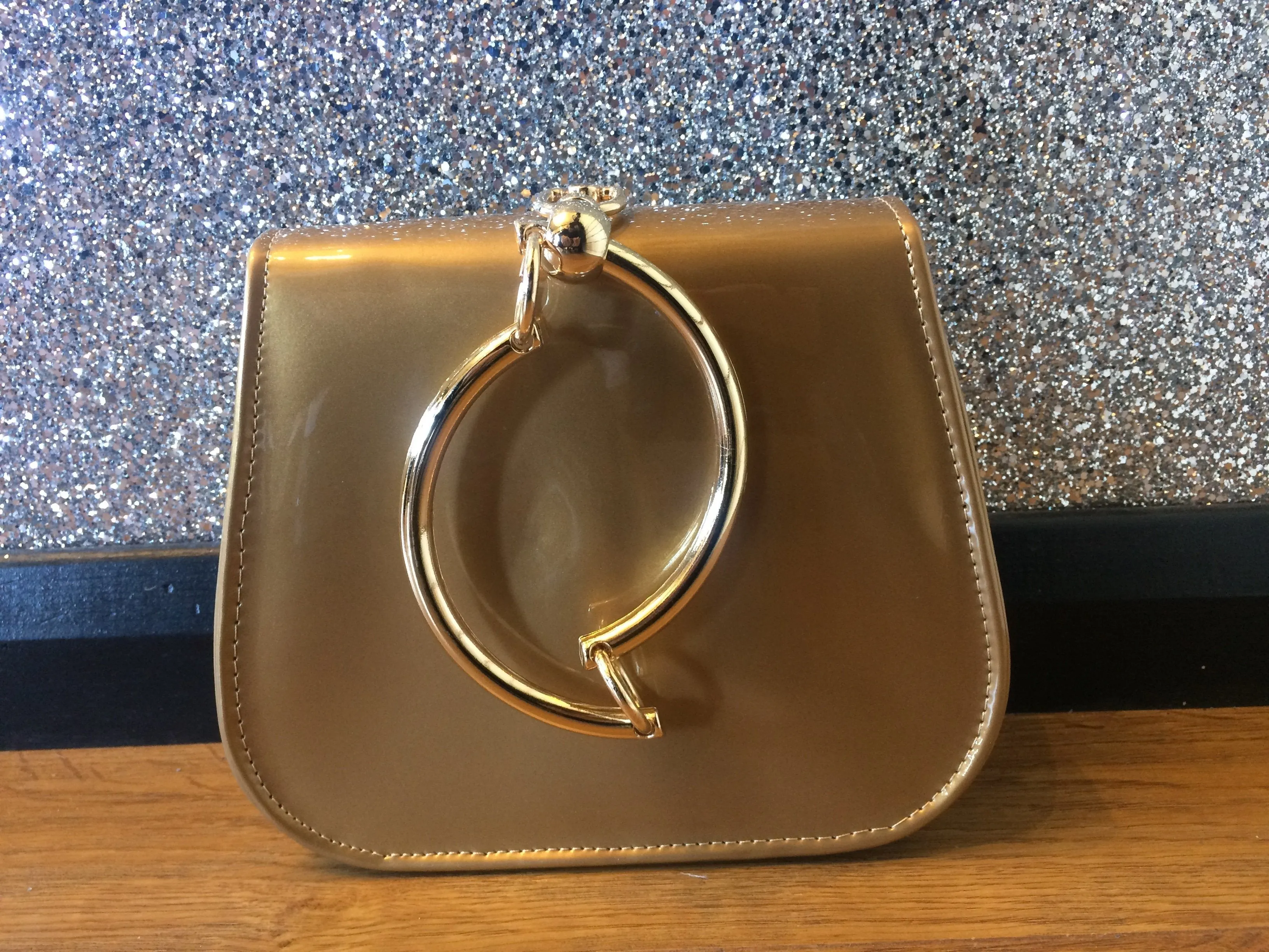 Gold Circle Handle Patent Handbag- Golden Brown