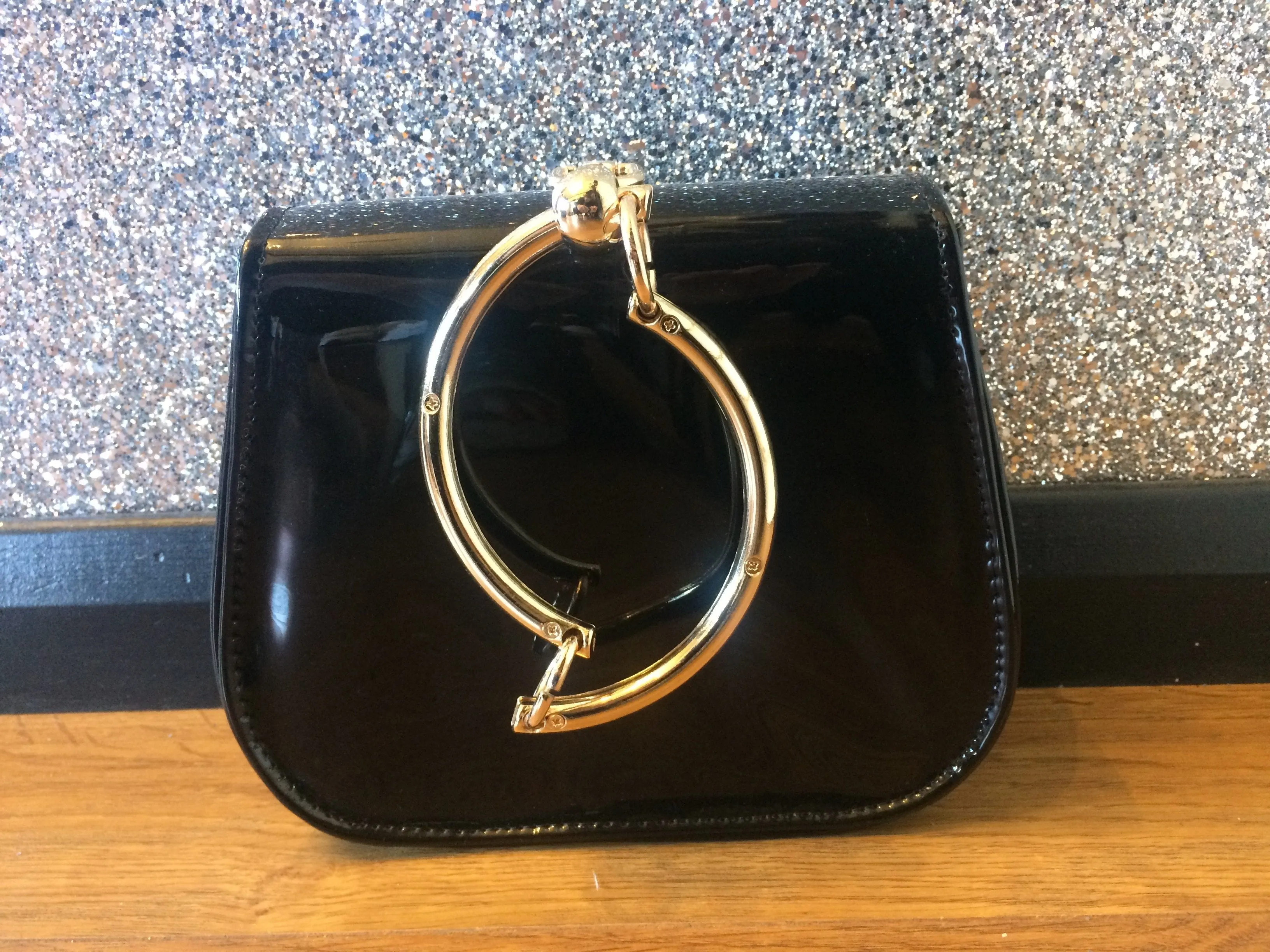 Gold Circle Handle Patent Handbag- Golden Brown