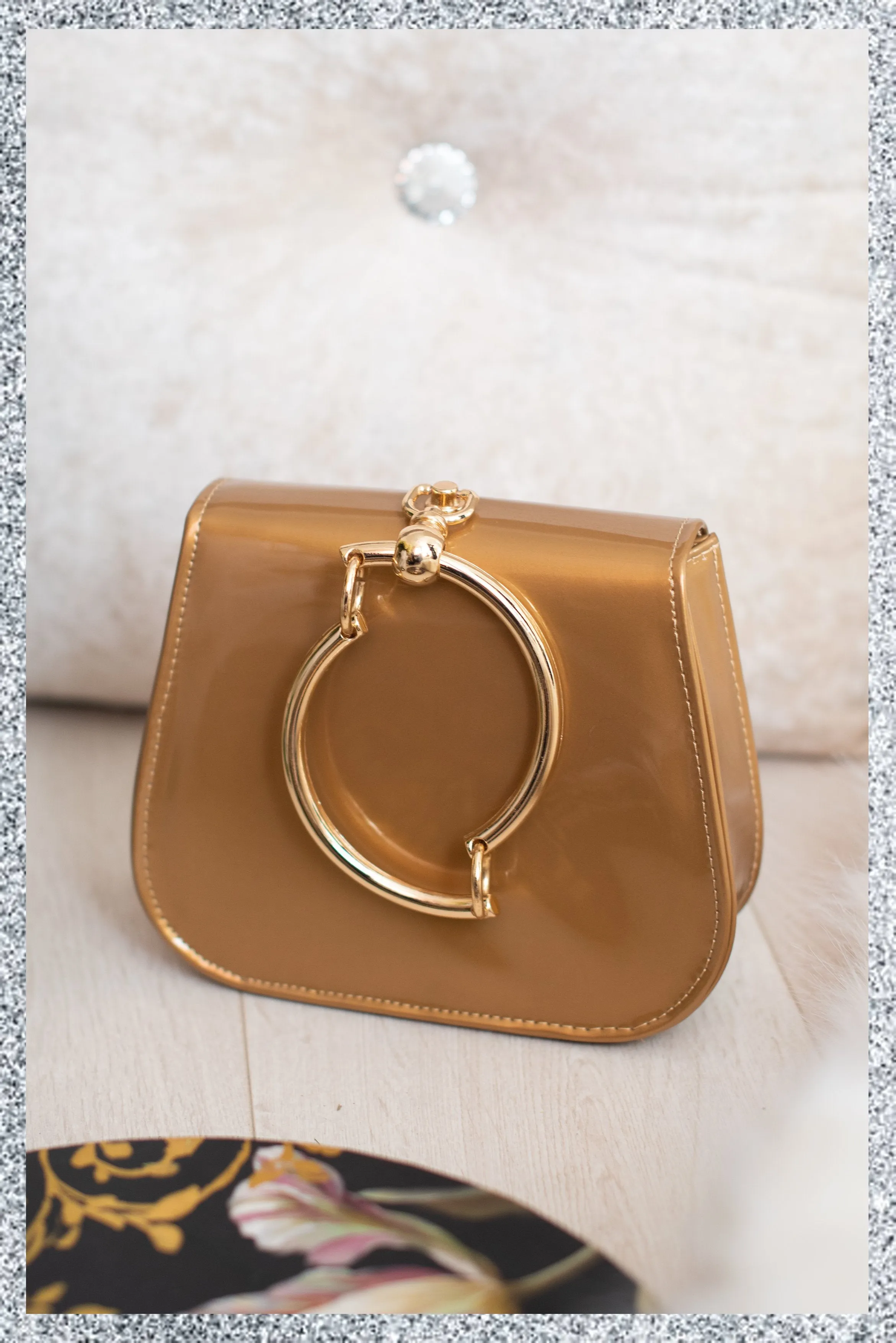 Gold Circle Handle Patent Handbag- Golden Brown