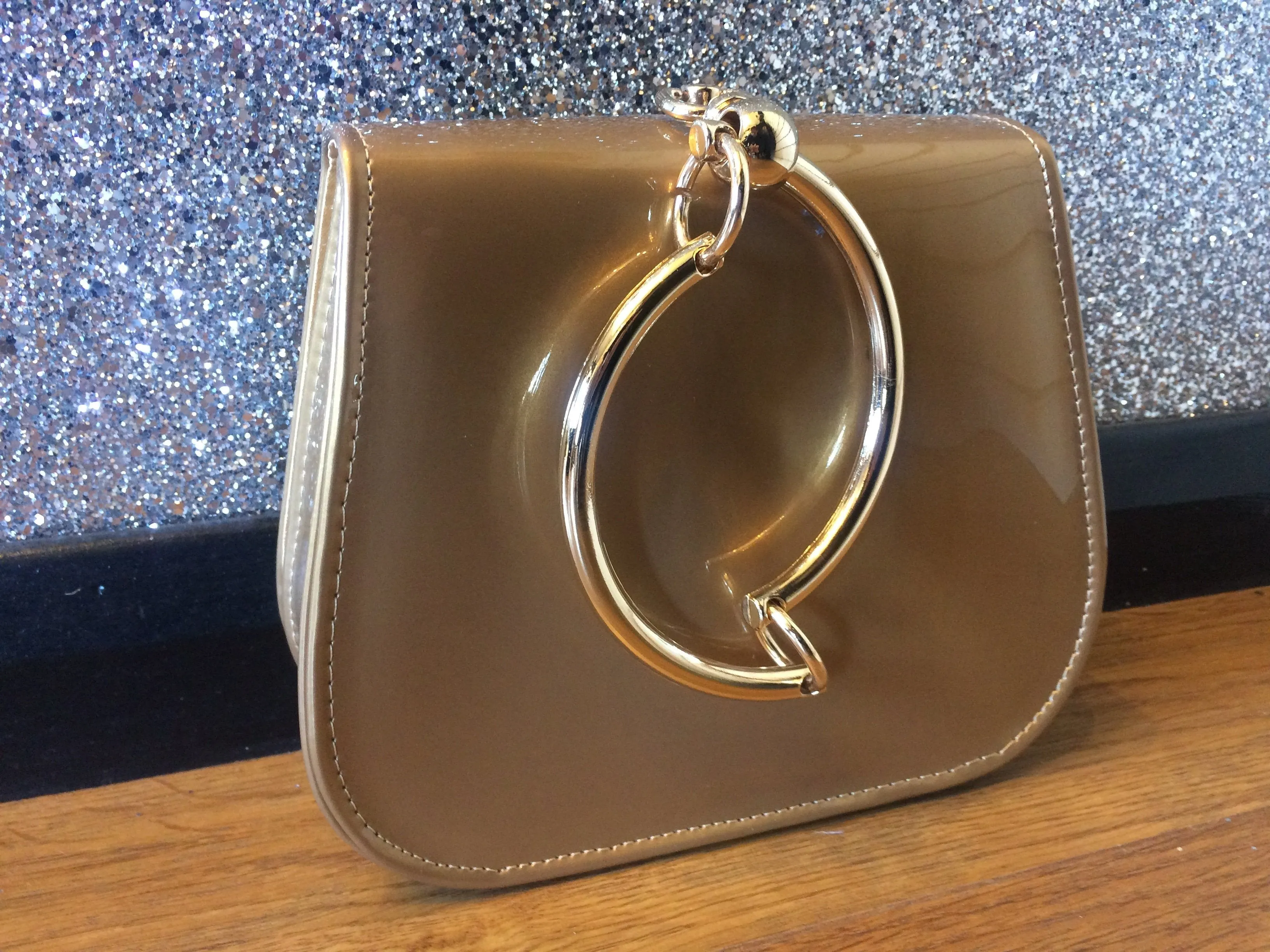 Gold Circle Handle Patent Handbag- Golden Brown