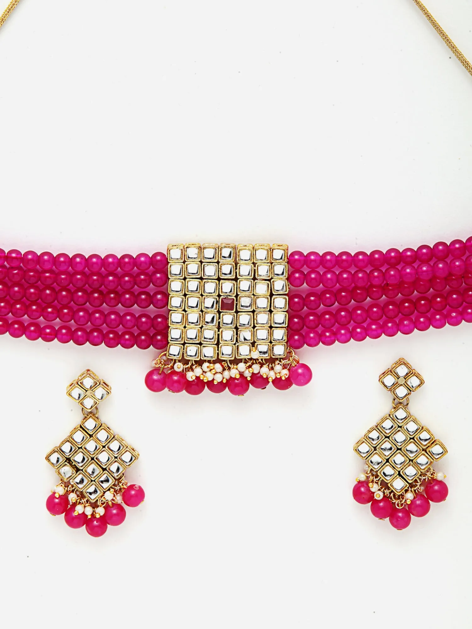 Gold-Plated Embellished Kundan and Pink Beads Handcrafted Choker Necklace Set