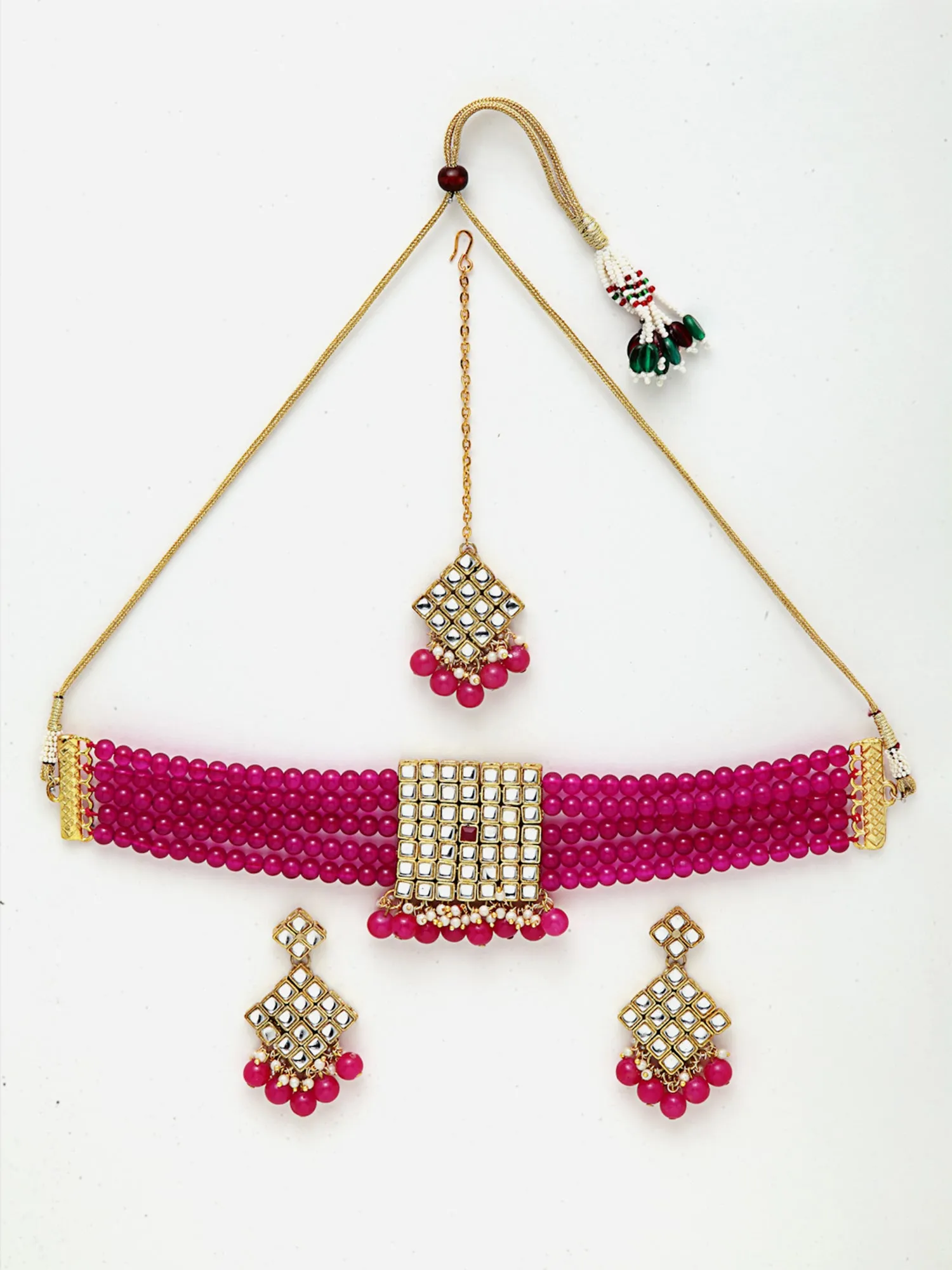 Gold-Plated Embellished Kundan and Pink Beads Handcrafted Choker Necklace Set