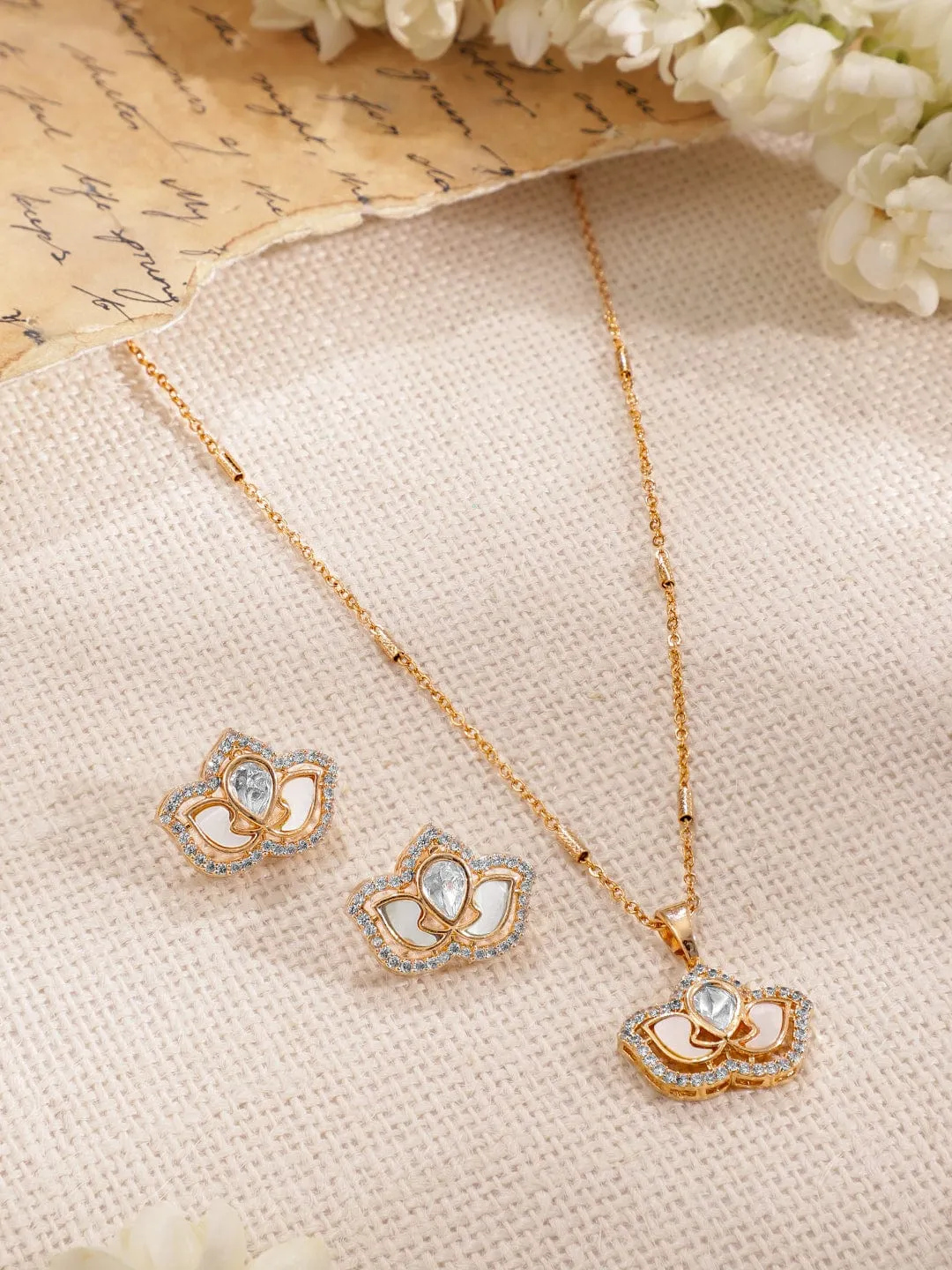 Gold-Plated  White CZ Stone Studded Pendent Set