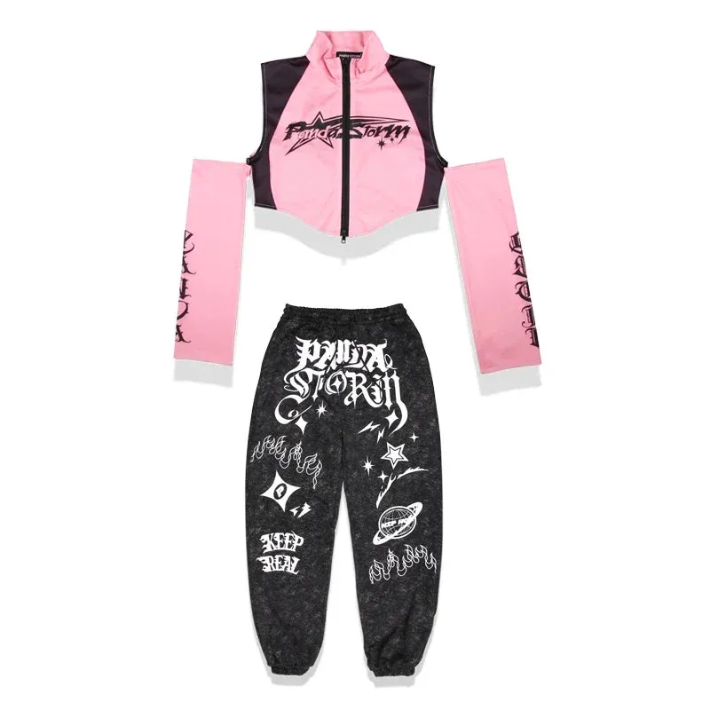 #HH08 Girls Pink Hip Hop Tops- Black Pants -Boys Dance Performance Set- Kpop Outfits - Hip Hop Dance