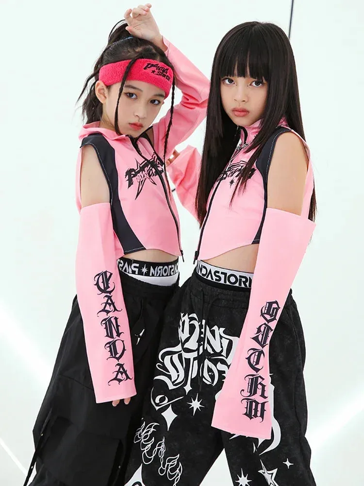 #HH08 Girls Pink Hip Hop Tops- Black Pants -Boys Dance Performance Set- Kpop Outfits - Hip Hop Dance