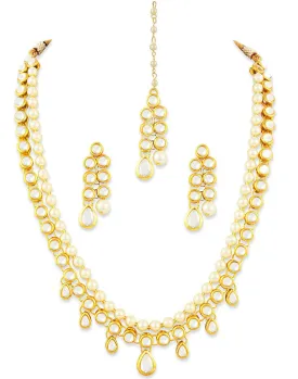 Karatcart 22K GoldPlated Kundan Layered Pearl Drop Ethnic Rani Haar Necklace Set for Women