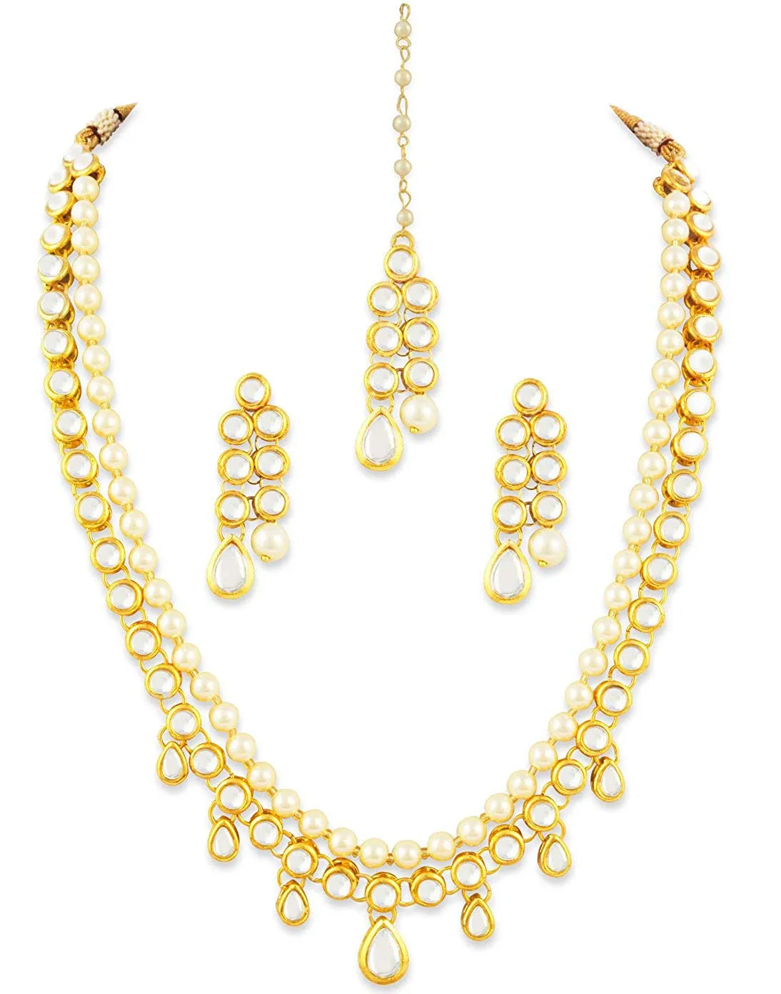 Karatcart 22K GoldPlated Kundan Layered Pearl Drop Ethnic Rani Haar Necklace Set for Women