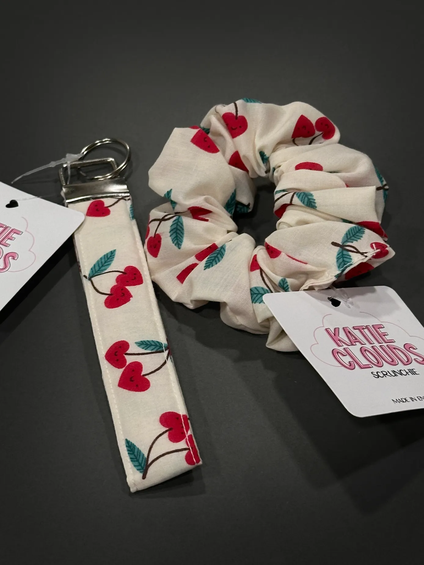 Katie Clouds Scrunchie & Keychain Wristlet Set - Heart Cherries - Hand Made in England