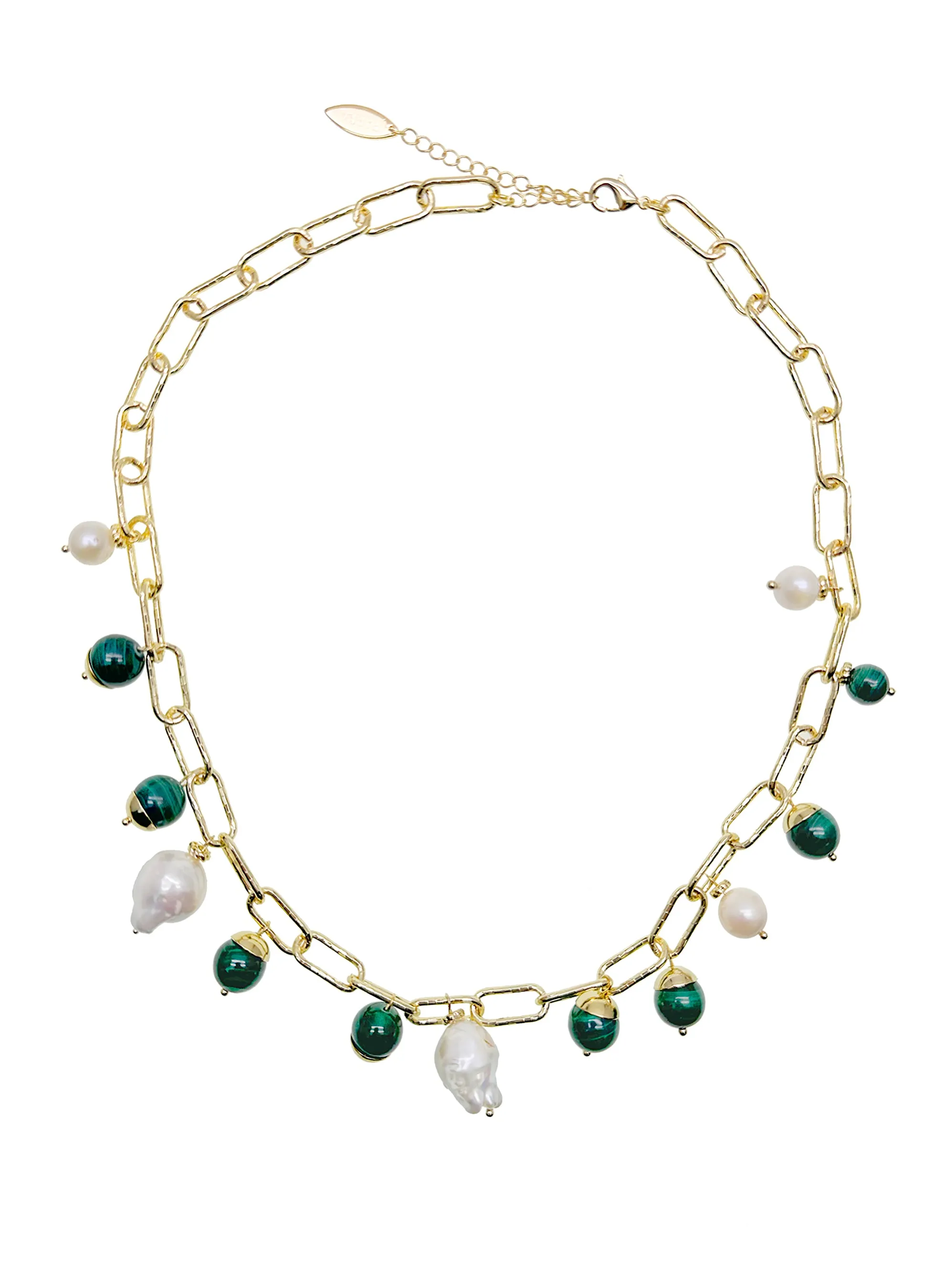 Malachite With Freshwater Pearls Chain Necklace JN046