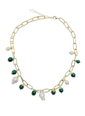 Malachite With Freshwater Pearls Chain Necklace JN046