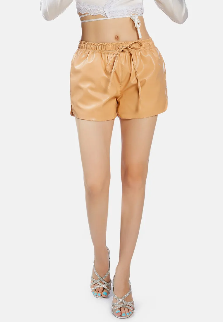 Metallic Faux Leather Drawstring Shorts