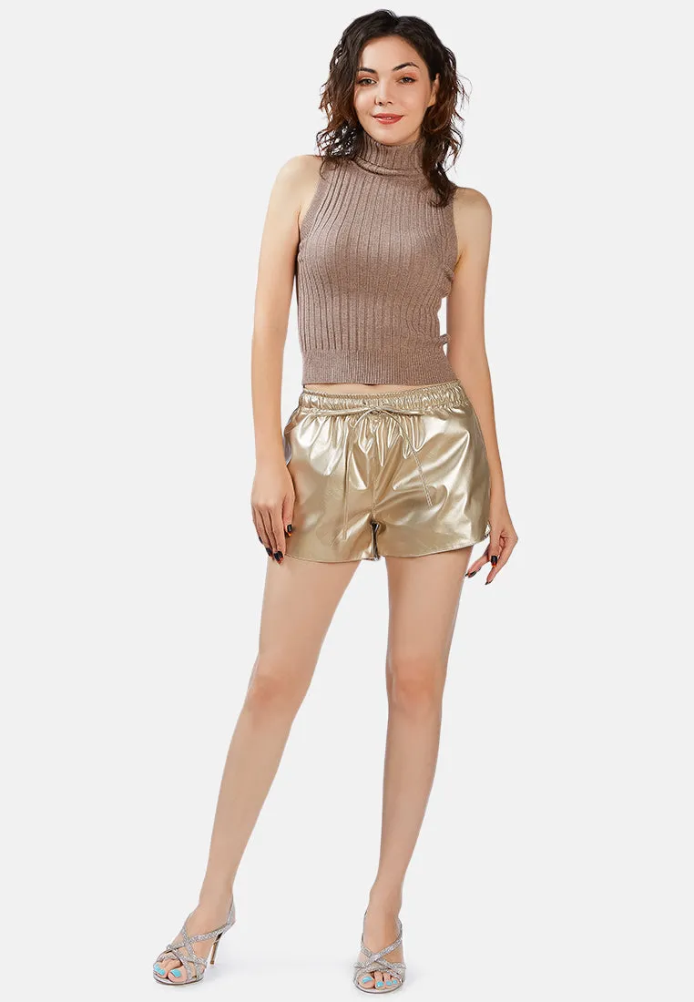 Metallic Faux Leather Drawstring Shorts