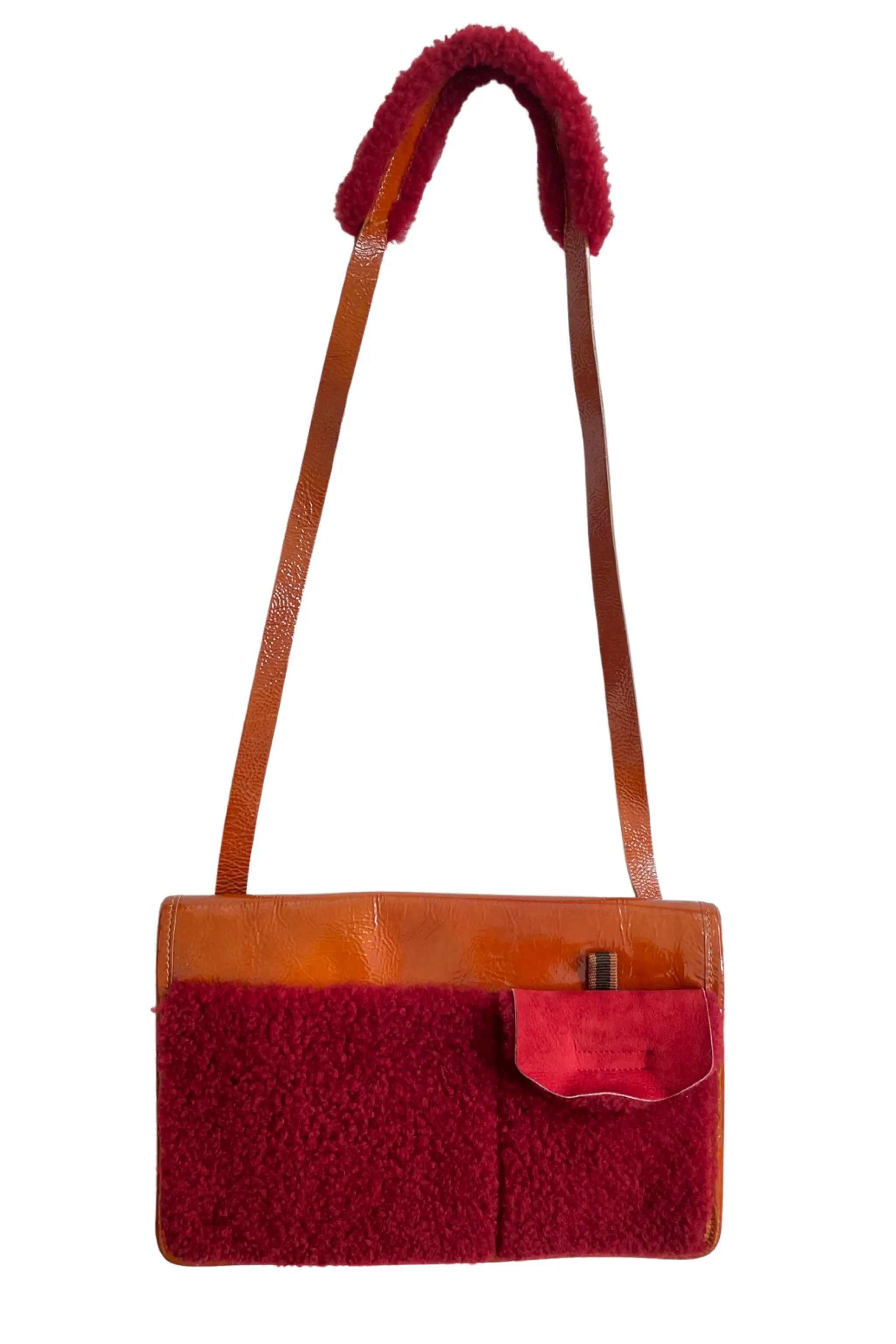 MIU MIU ORANGE PATENT & RED SHEARLING BAG