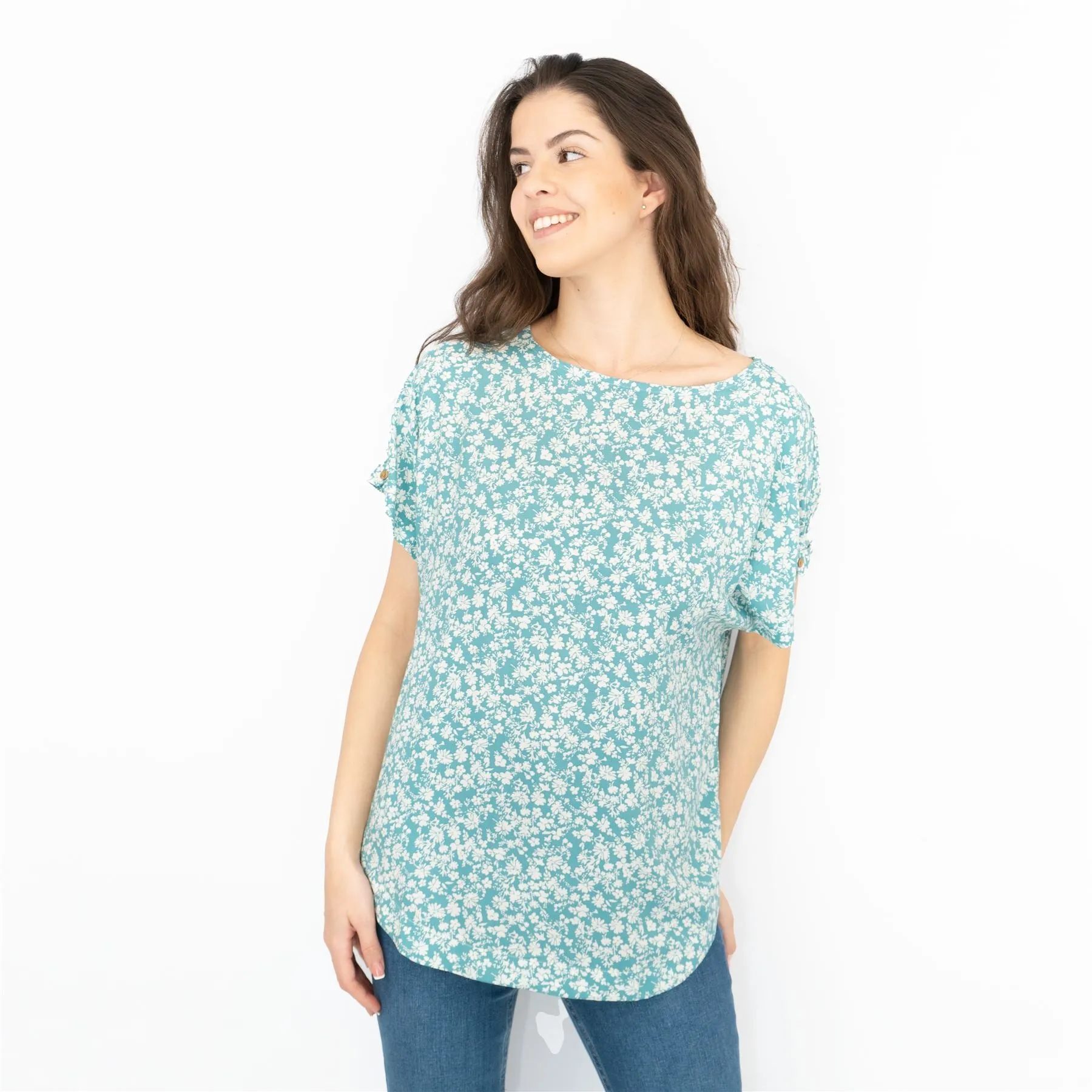 Next Blue Floral Short Sleeve Blouse Relaxed Fit Longline Tops