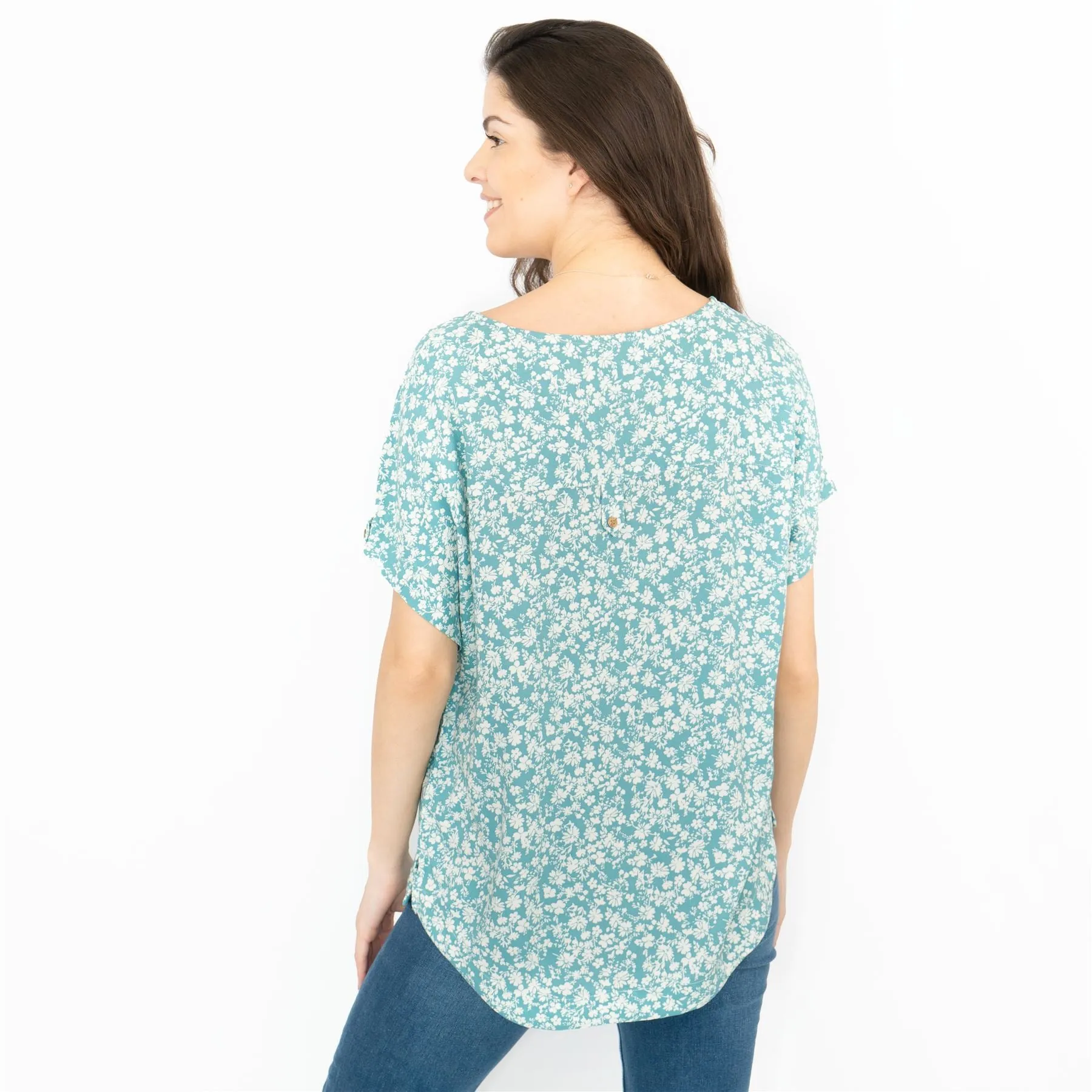 Next Blue Floral Short Sleeve Blouse Relaxed Fit Longline Tops