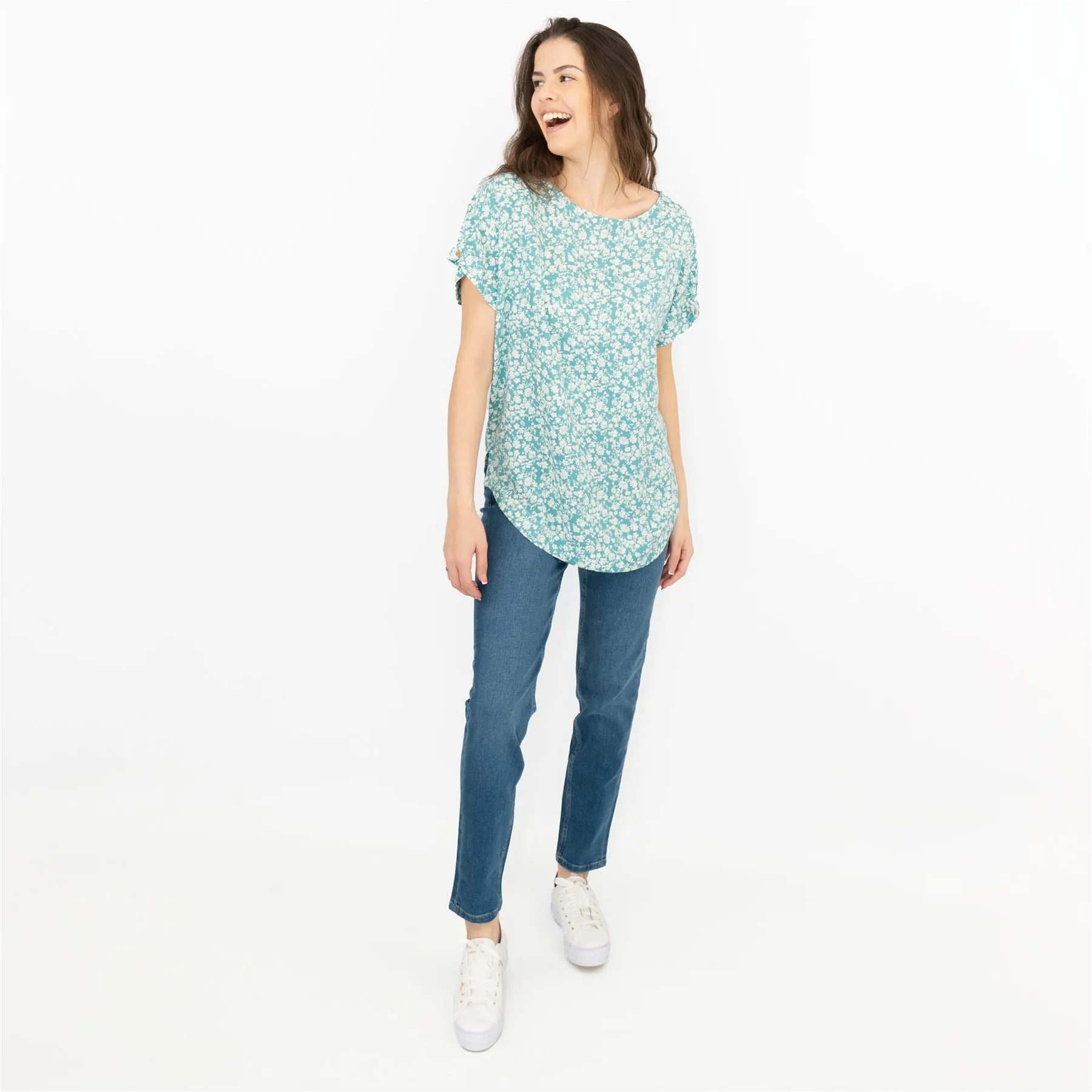 Next Blue Floral Short Sleeve Blouse Relaxed Fit Longline Tops