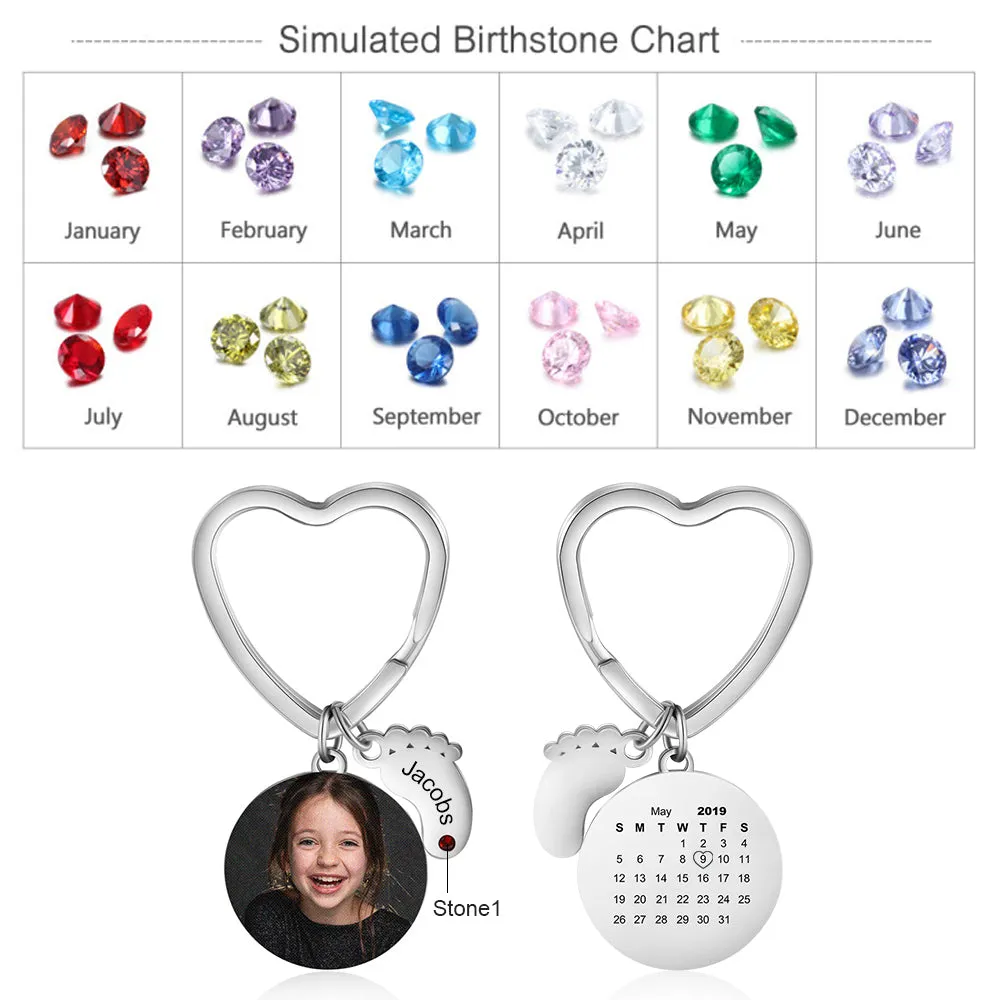 Personalized Calendar & Photo Keychain With Birthstone baby Feet - Best Christmas gift for Mom