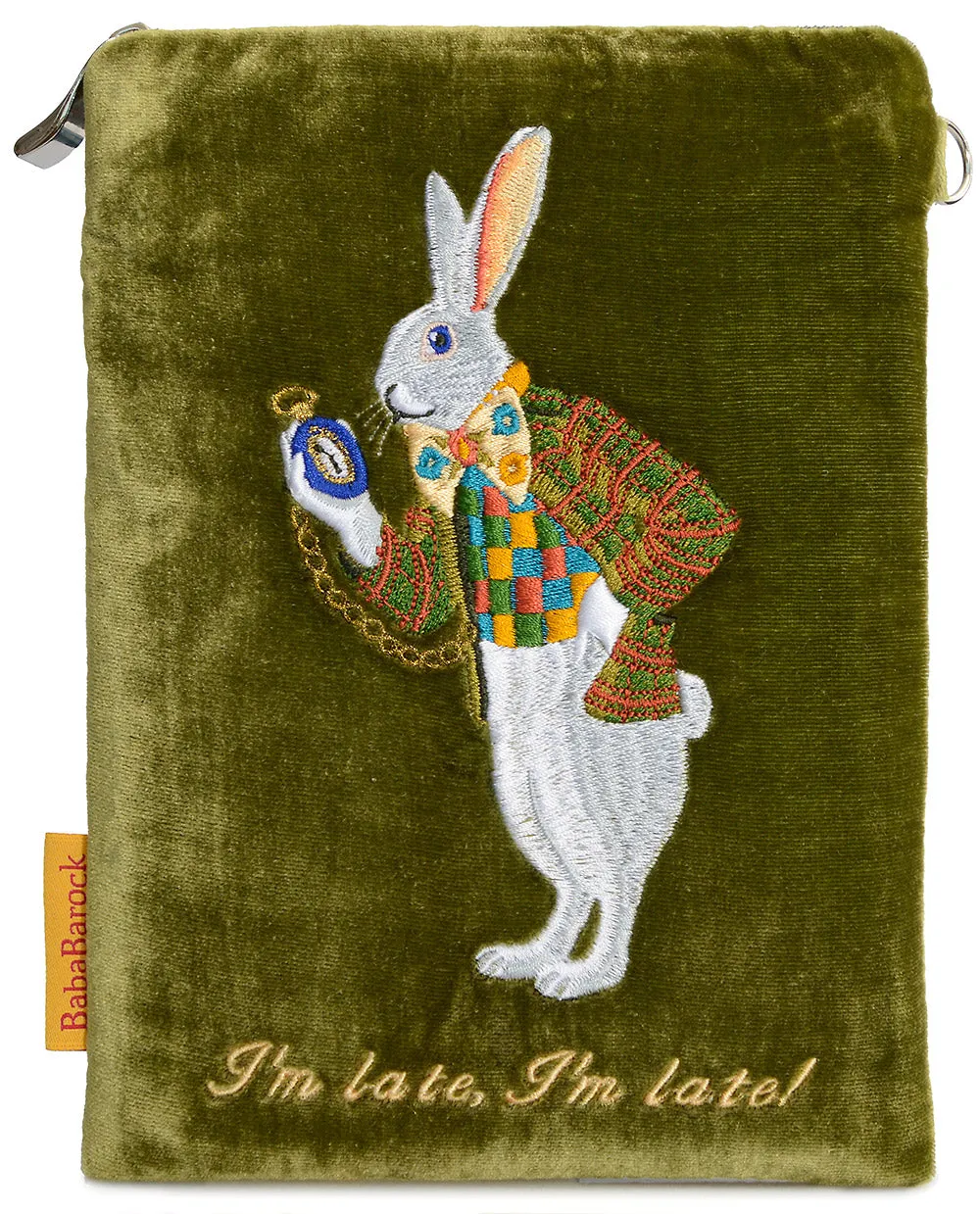 "I'm Late!" - White Rabbit silk velvet embroidered wristlet. Green.