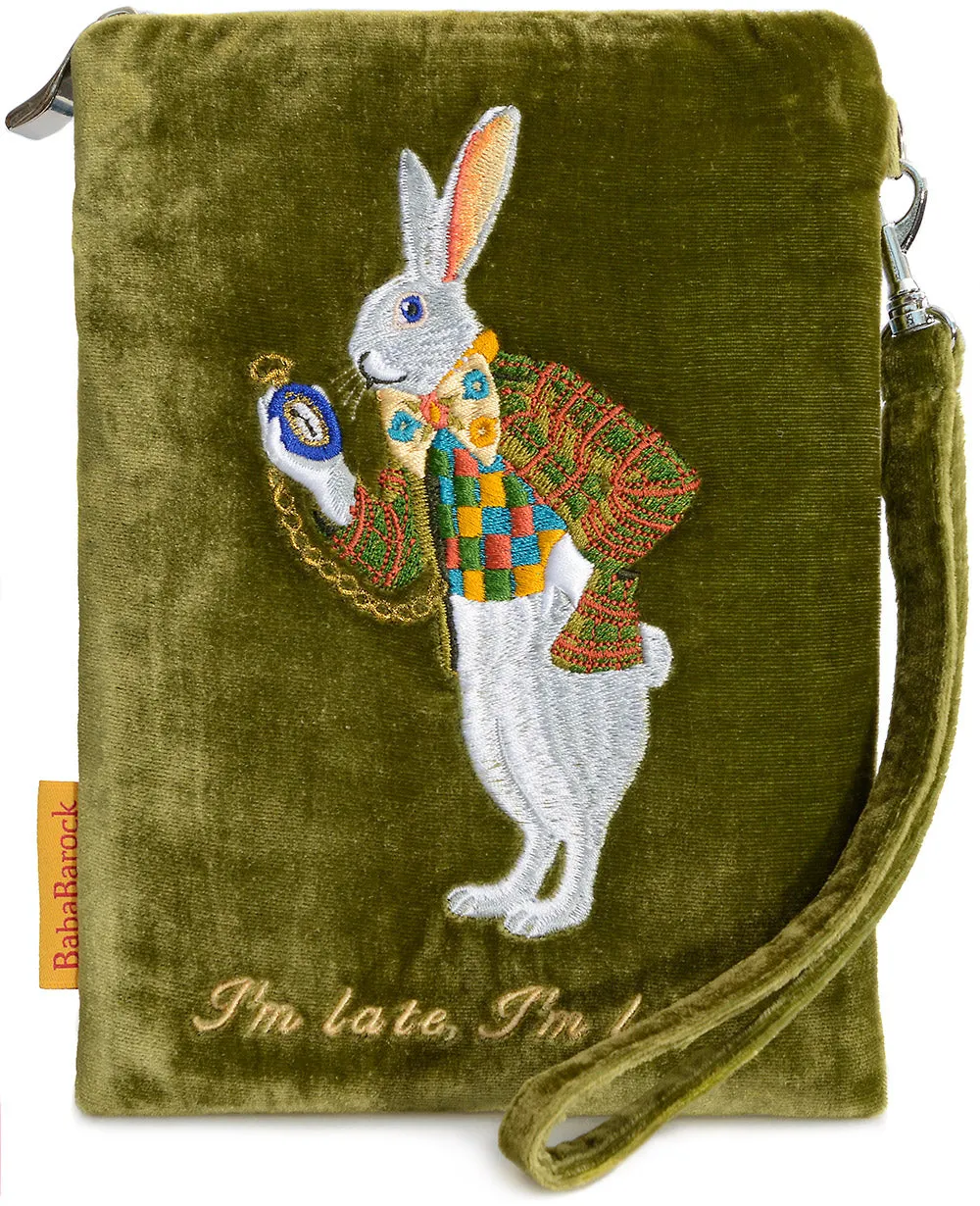 "I'm Late!" - White Rabbit silk velvet embroidered wristlet. Green.