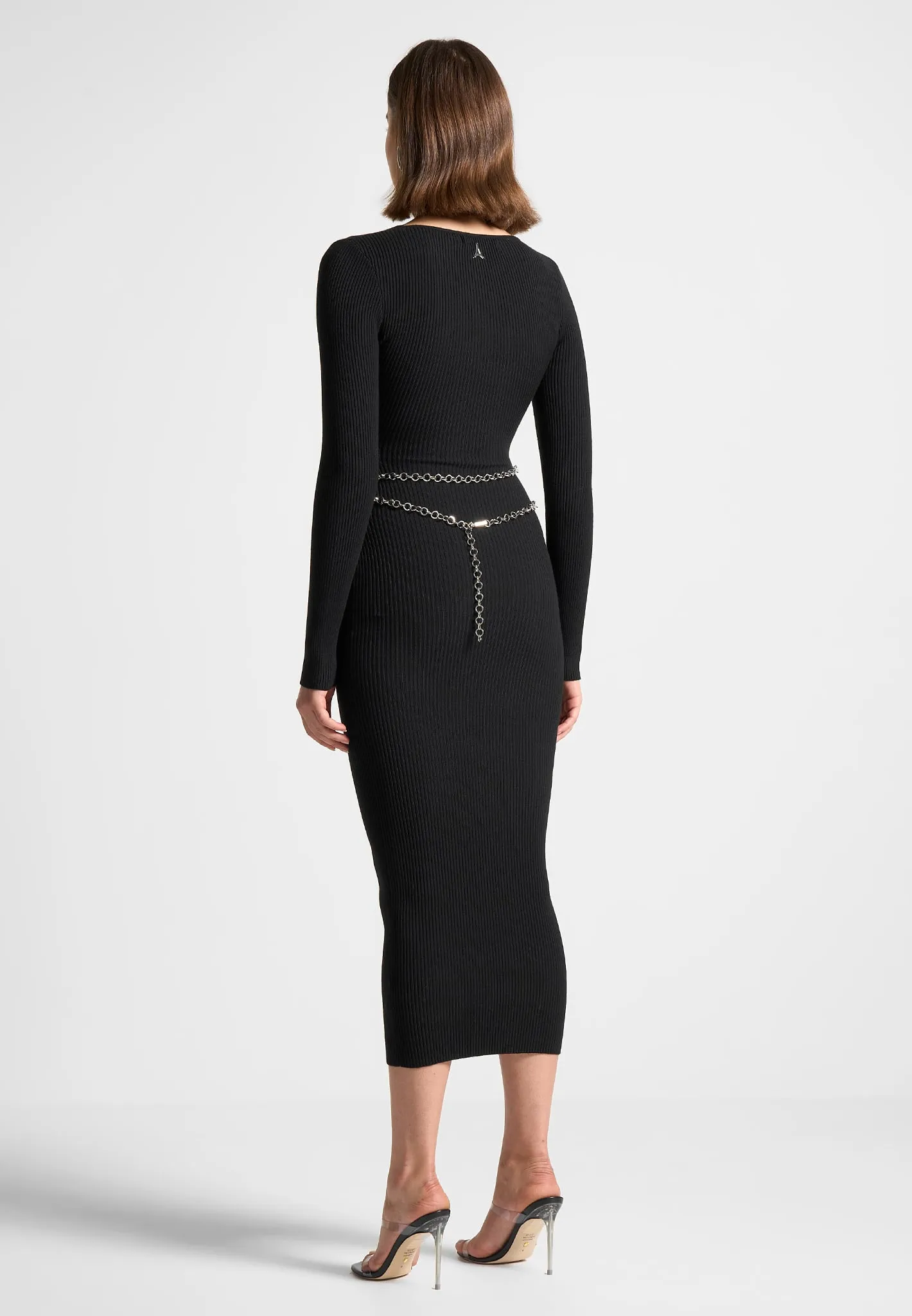 Ribbed Knit Midaxi Dress with Chain Belt - Black