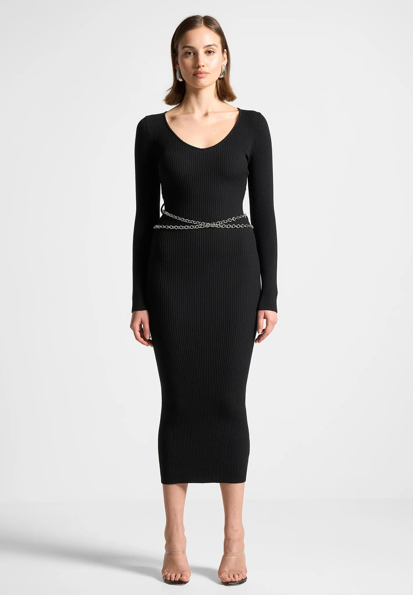 Ribbed Knit Midaxi Dress with Chain Belt - Black