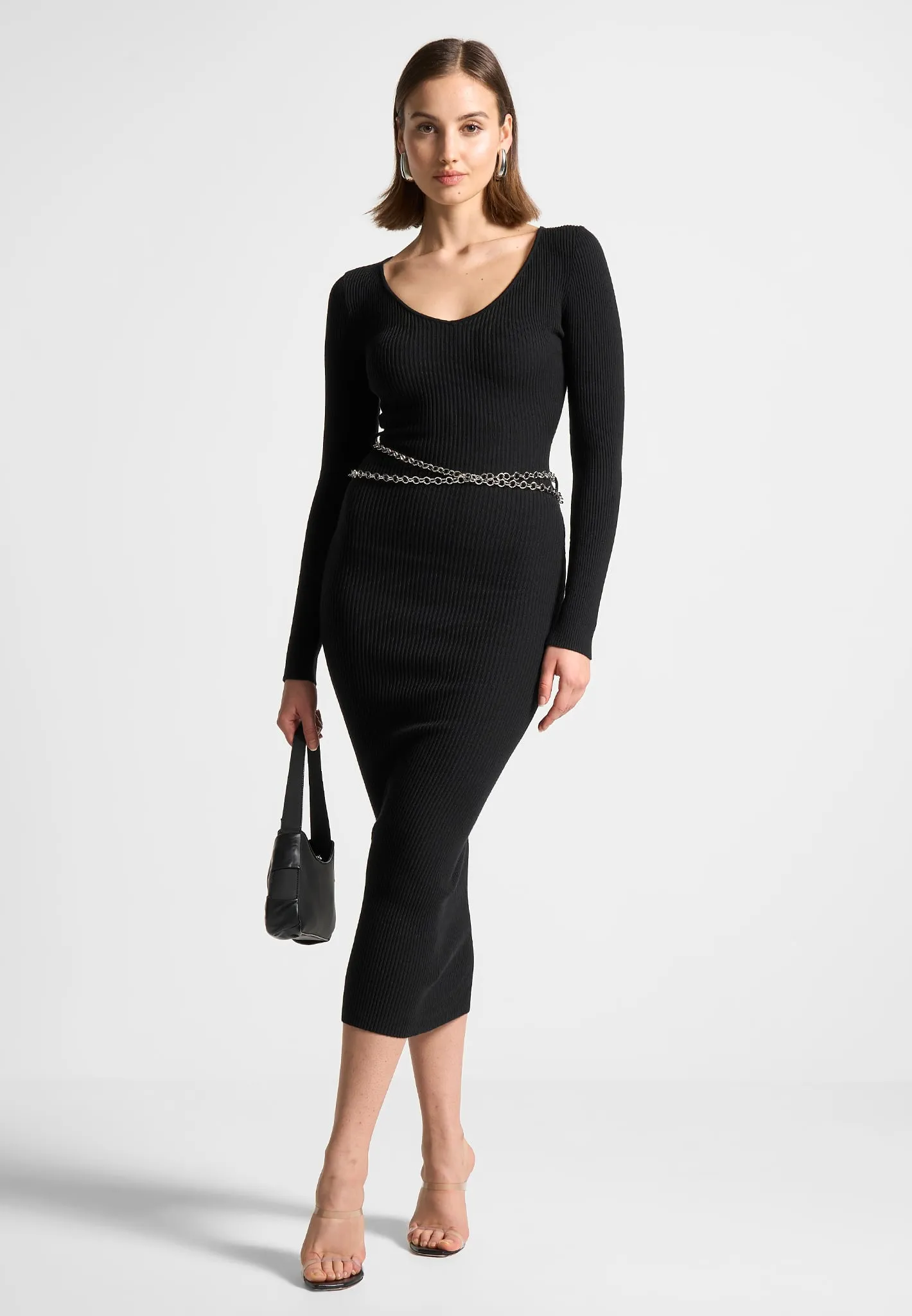 Ribbed Knit Midaxi Dress with Chain Belt - Black