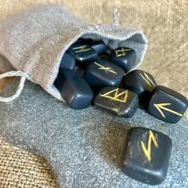 Shungite Rune Set in Natural Linen Drawstring Bag