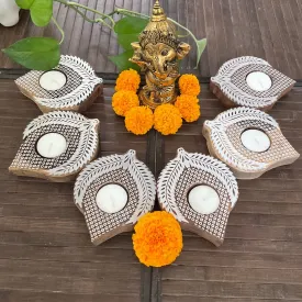 Small Leaf Wooden Diya (Set of 6) - Tea light Holder - Diwali Decor & Gifts