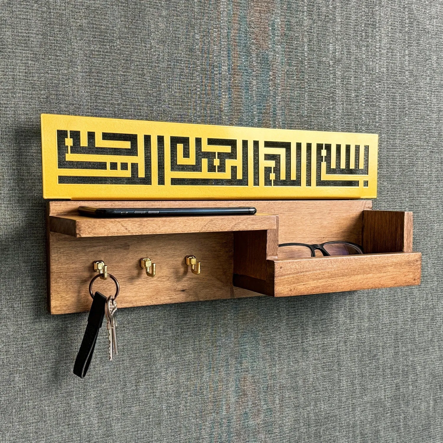 Wood Bismillah Entryway Key Holder - Basmala Kufic Calligraphy Home Decor