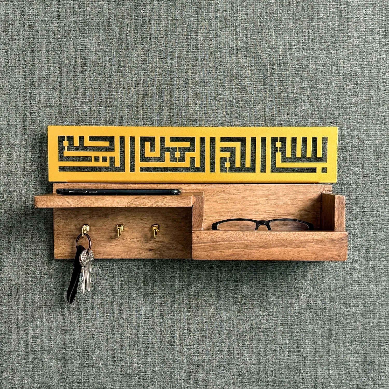 Wood Bismillah Entryway Key Holder - Basmala Kufic Calligraphy Home Decor