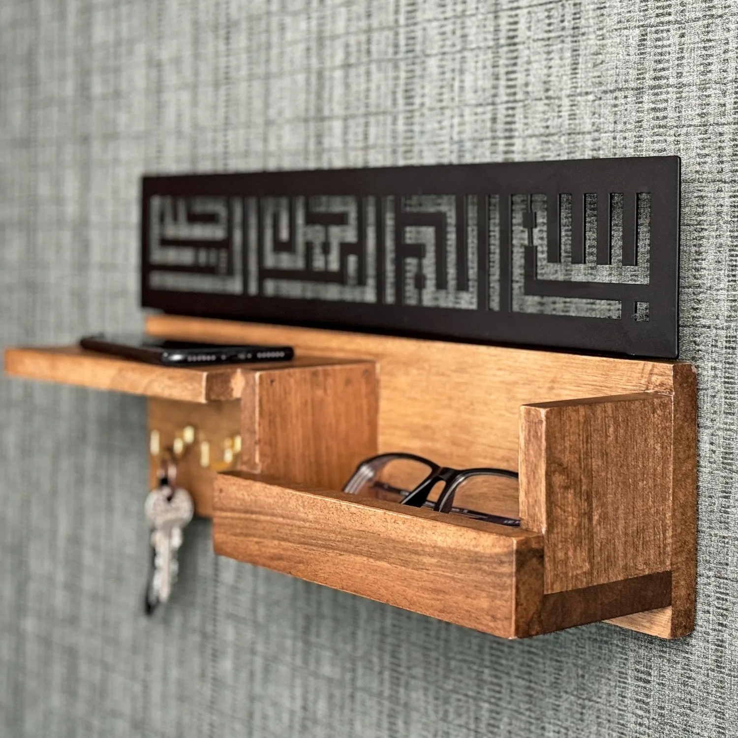 Wood Bismillah Entryway Key Holder - Basmala Kufic Calligraphy Home Decor