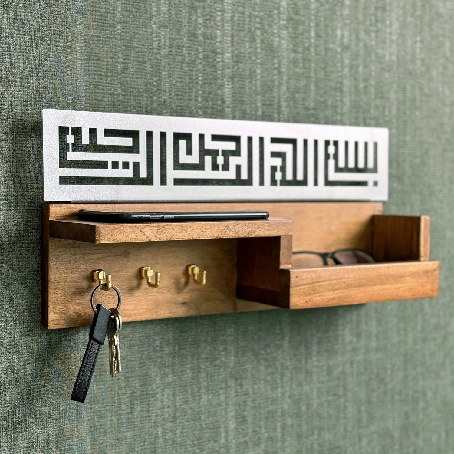 Wood Bismillah Entryway Key Holder - Basmala Kufic Calligraphy Home Decor