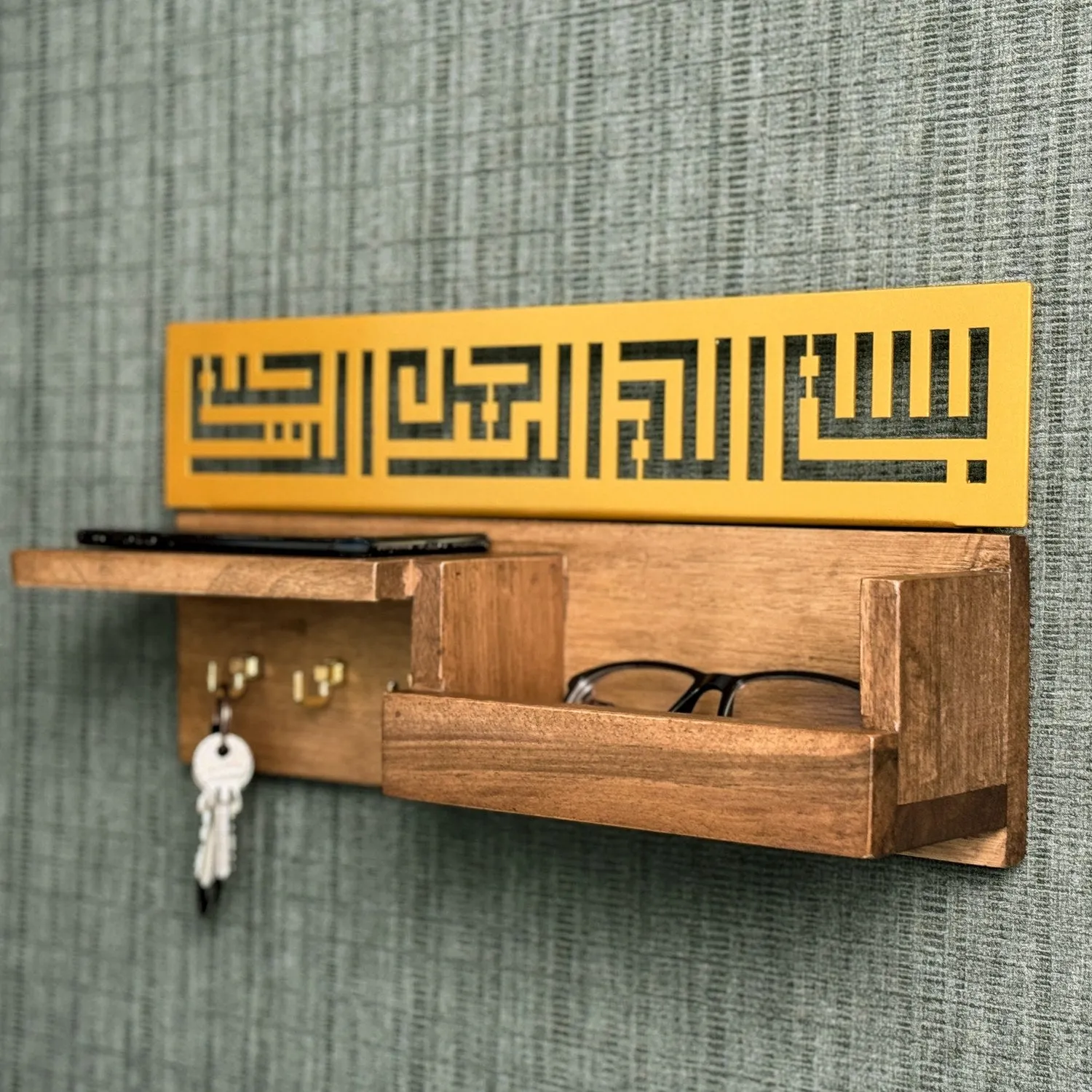 Wood Bismillah Entryway Key Holder - Basmala Kufic Calligraphy Home Decor